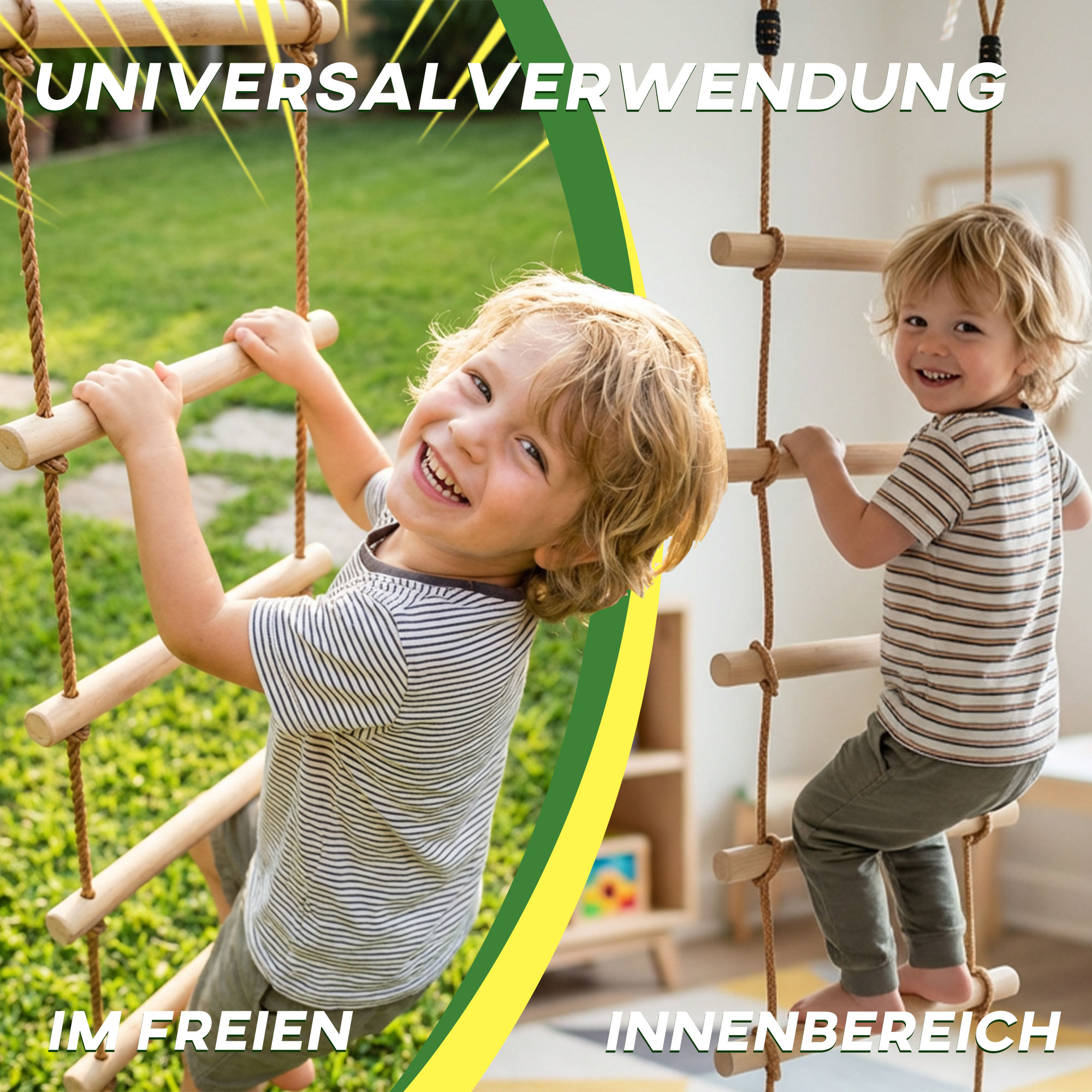 Strickleiter für Kinder 5-stufige Kletterleiter mit 2 Karabinern 2 Baumgurten für 3-8 Jahre 40 x 3,5 x 180 cm Naturholz
