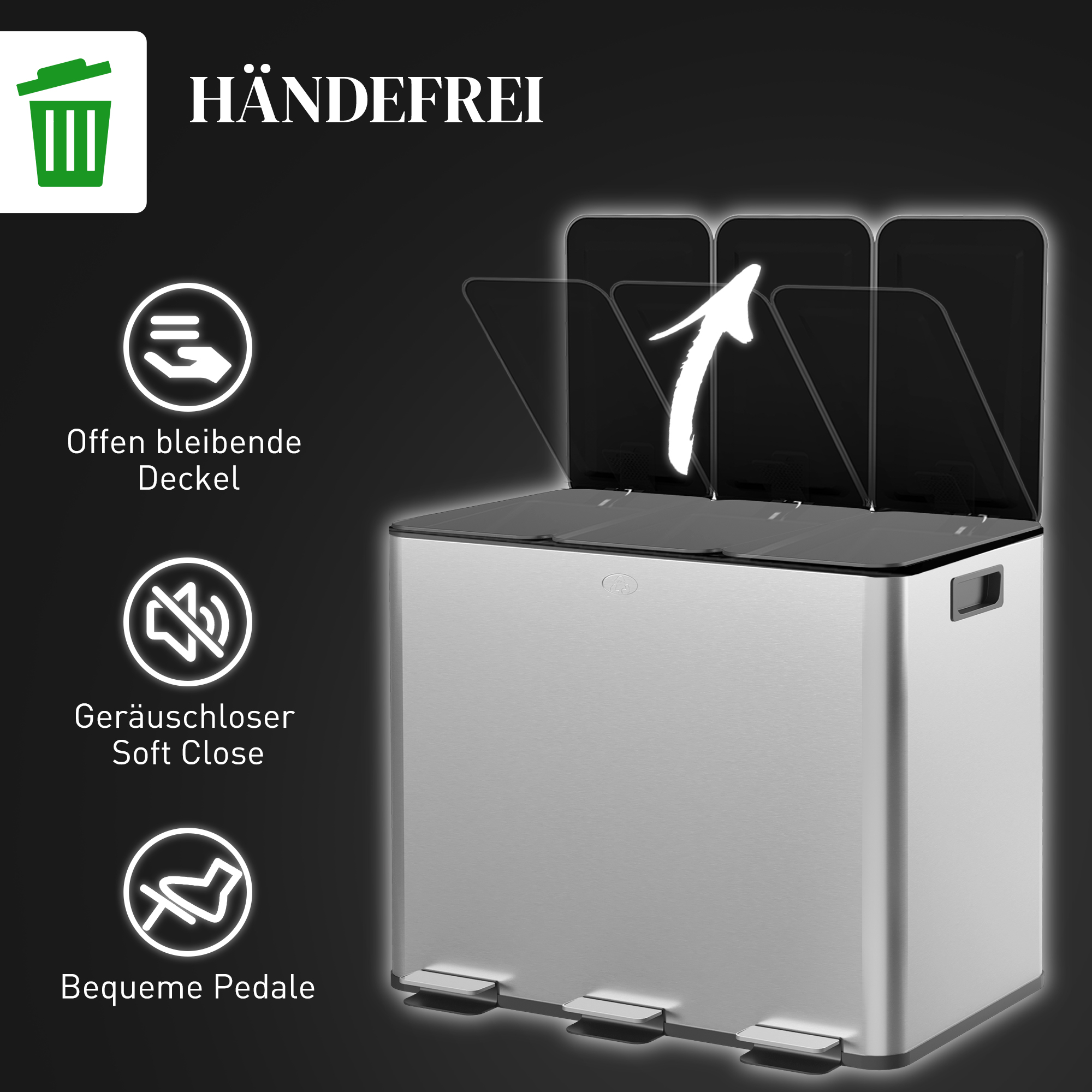 Mülleimer mit 3 x 20 L Fächern, Deodorant-Deckel, fingerabdrucksicher, Soft-Close, herausnehmbar, Silber