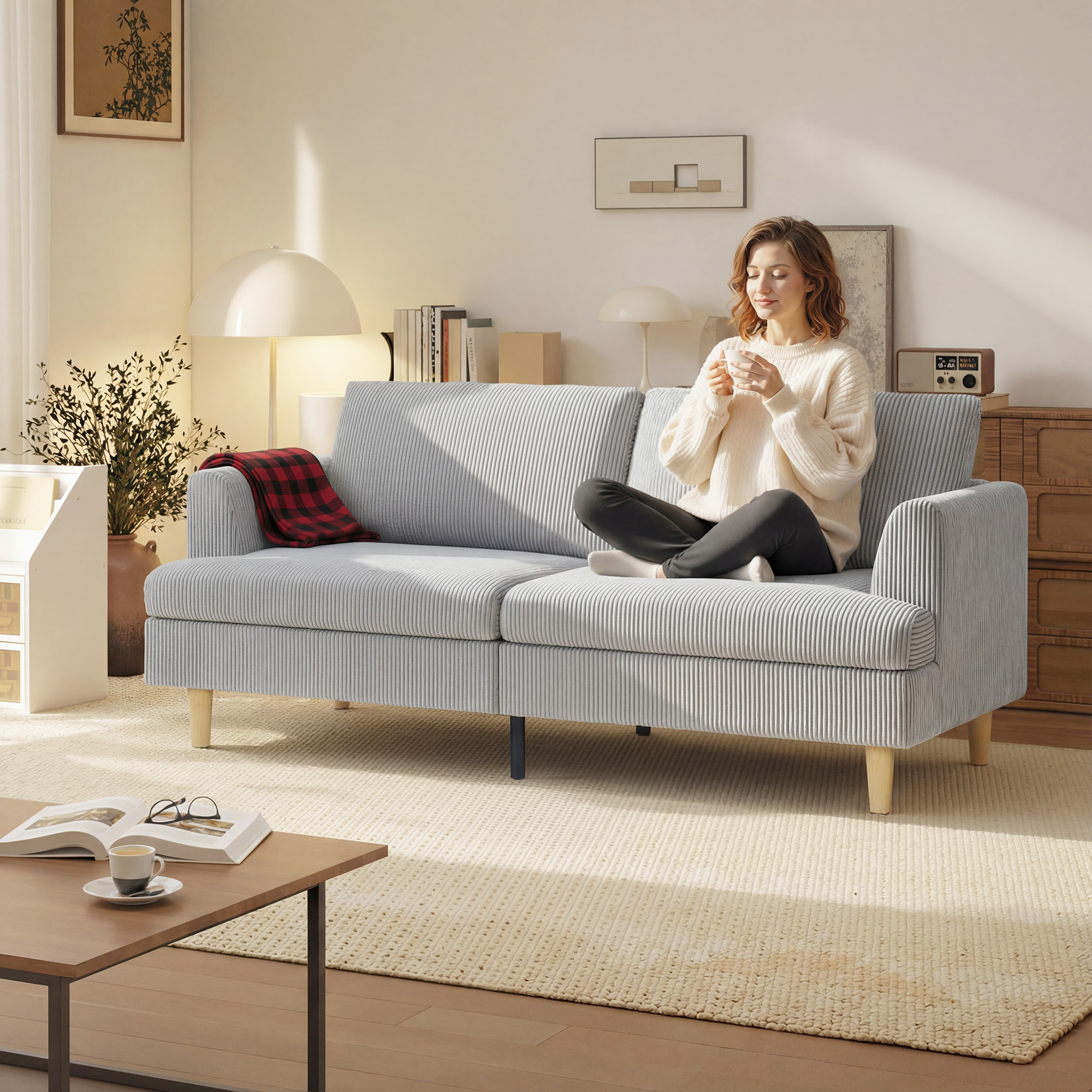 3-Sitzer-Sofa, Couch mit Armlehnen Gepolstert Polstersofa mit Kordoptik für Wohnzimmer Hellgrau