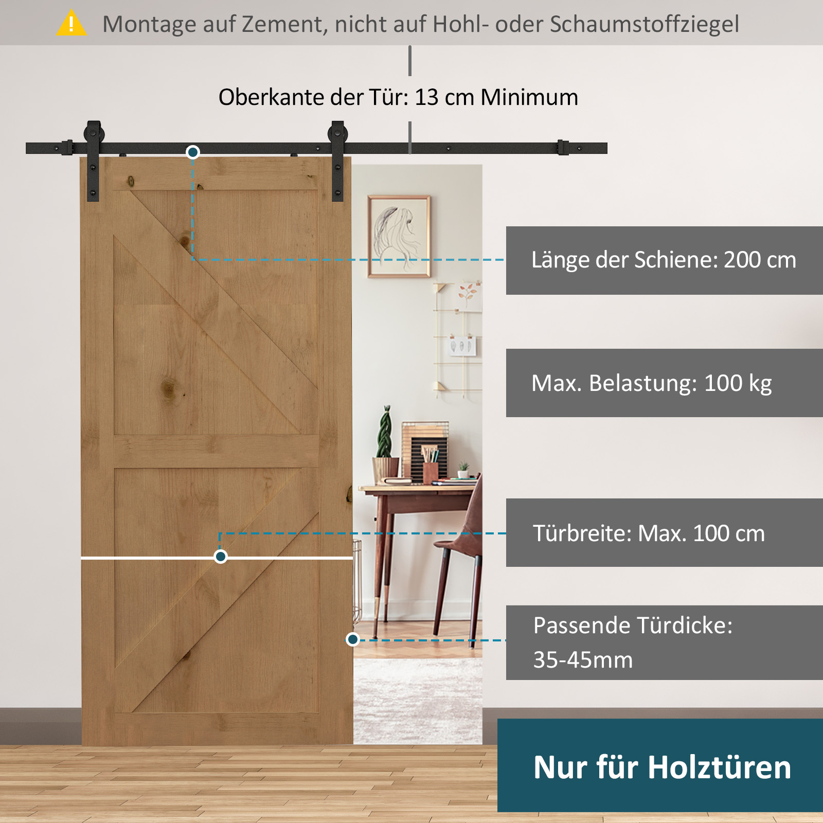 Gleitschienen-Bausatz für Schiebetüren, max. 100 kg Belastbarkeit, Metall, Schwarz, 2 m, Schwarz