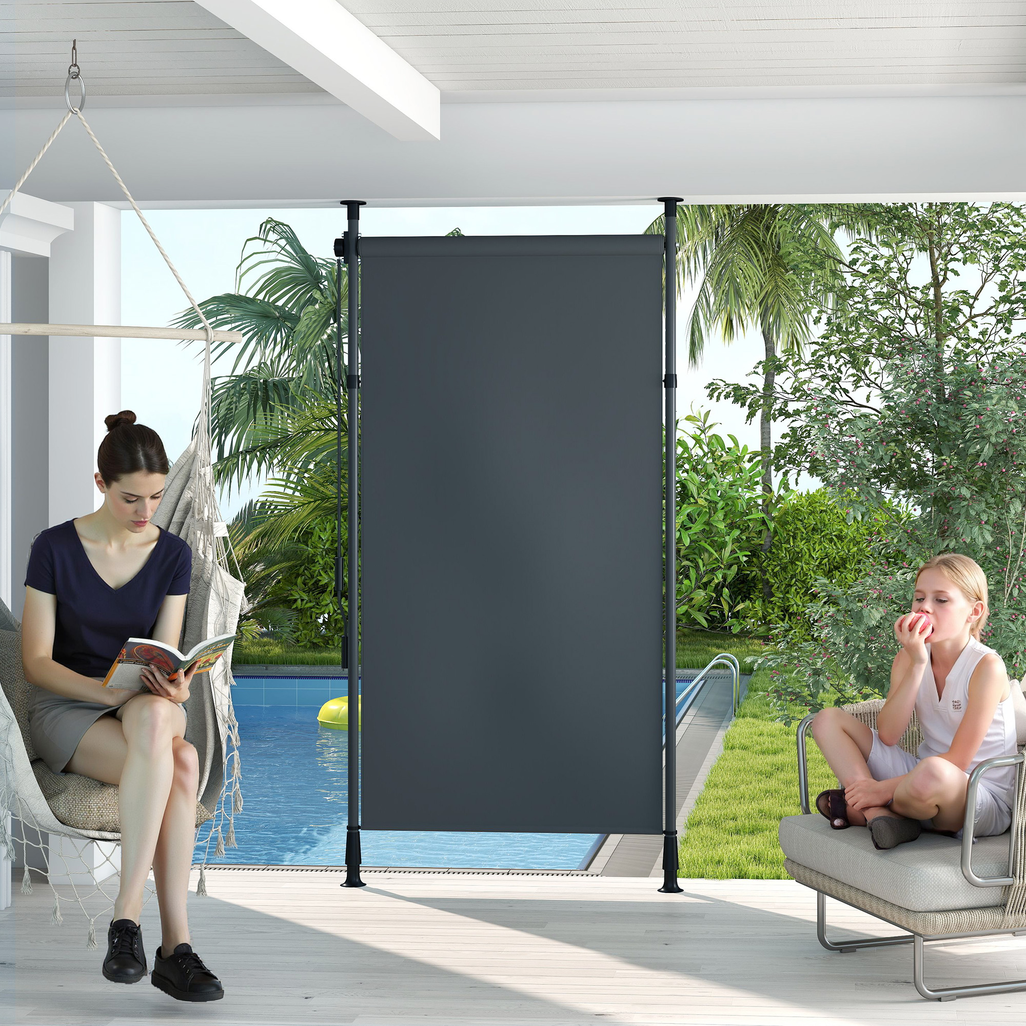 Freistehende Markise, verstellbare Länge, Montage ohne Bohren, Aluminiumrahmen, 1,5 x 2,2-3,1 m, Dunkelgrau