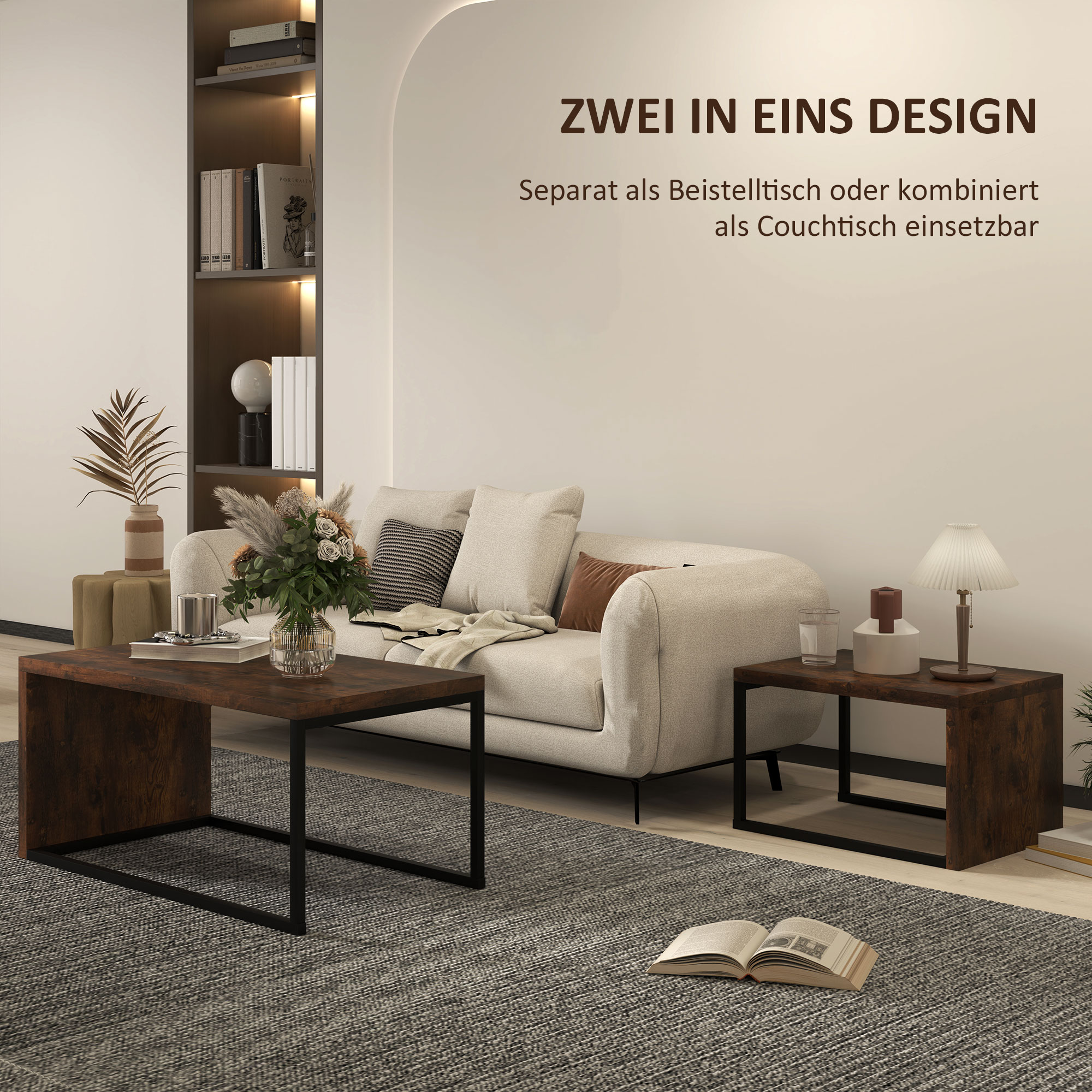 2er-Set Couchtisch, Sofatisch, Beistelltisch, Spanplatte, Metall, 90 x 48 x 42 cm/59 x 42 x 36 cm, Schwarz+Braun