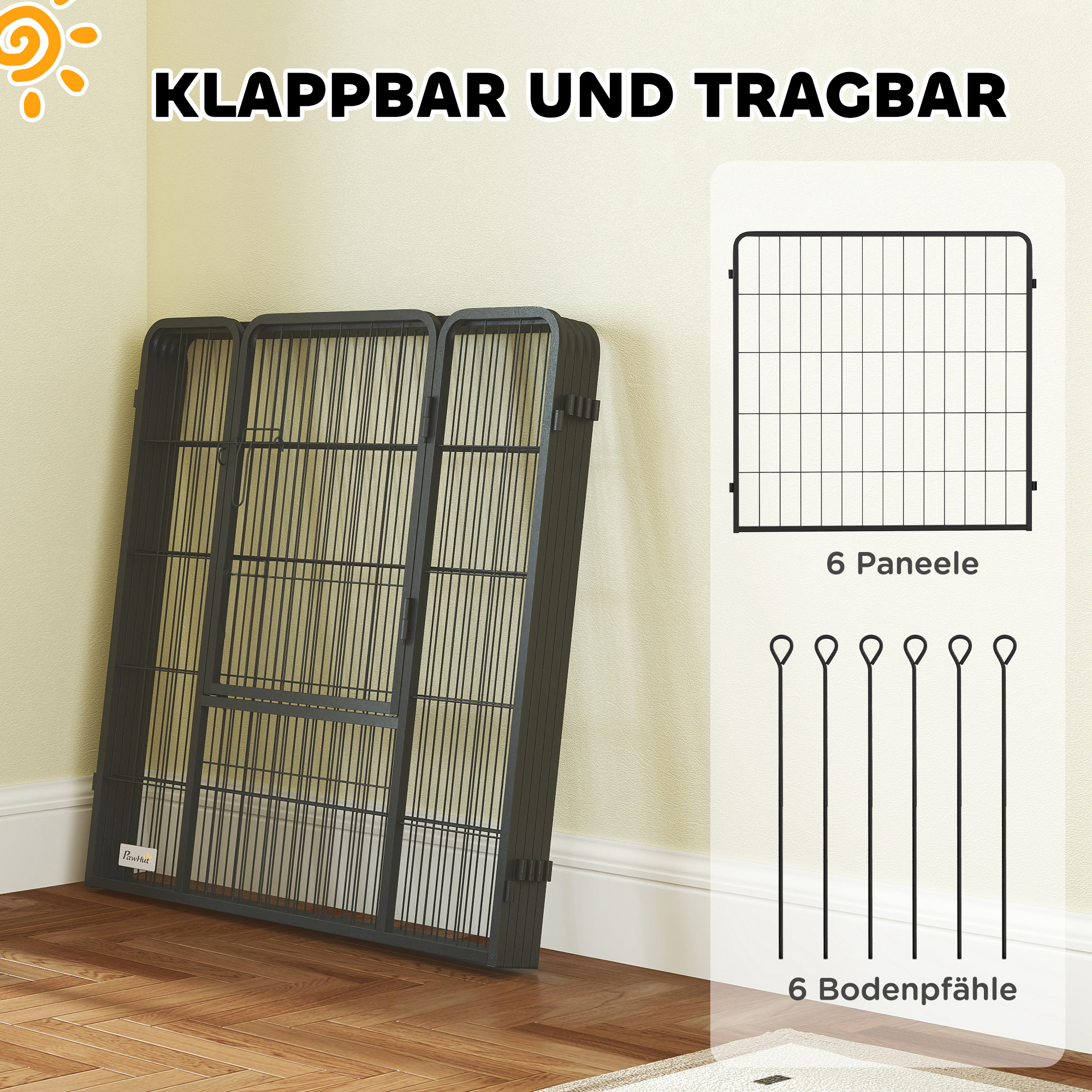 Hundezaun, Haustiergehege, 6 Paneele, Stahl, faltbar, Grau