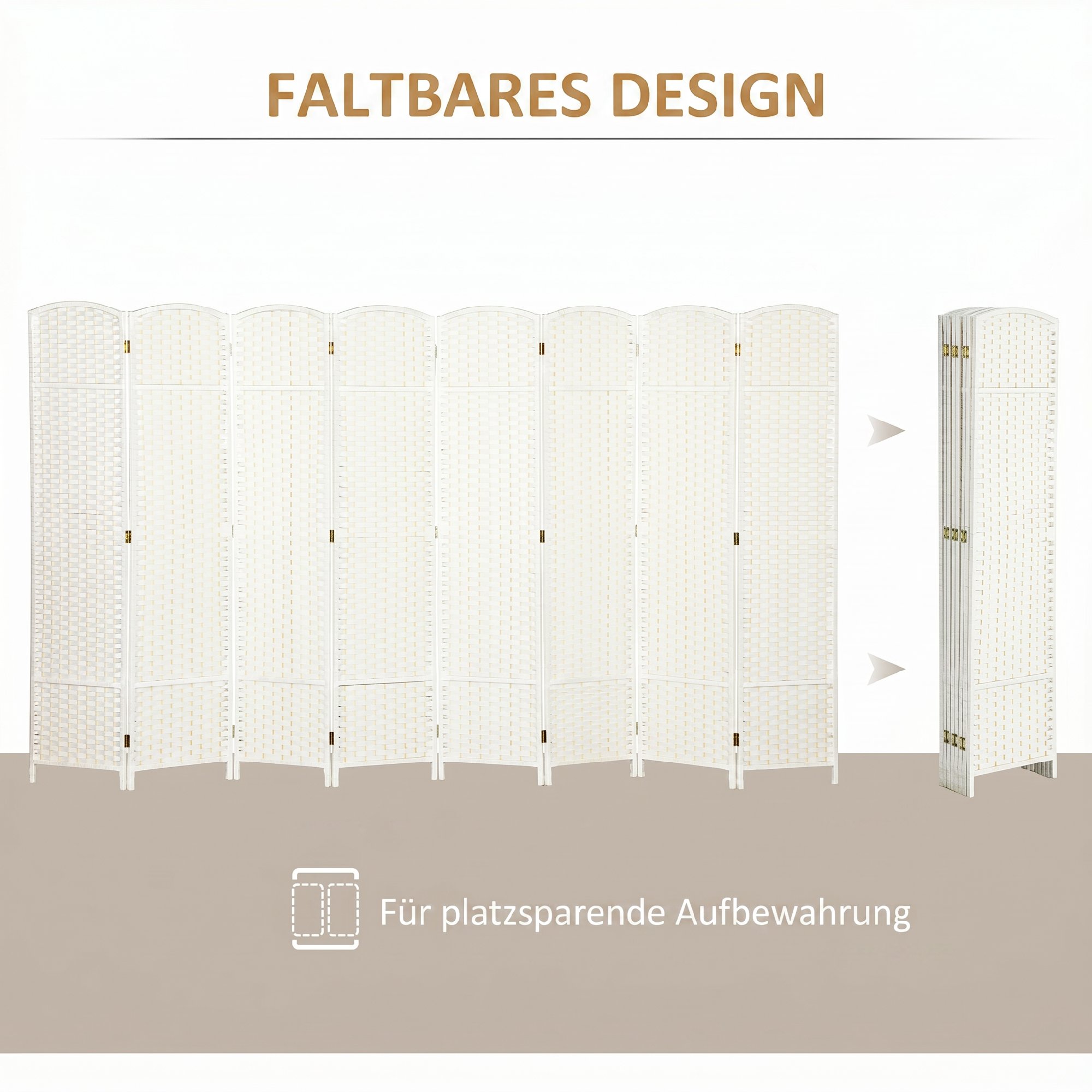 8-teiliger Raumtrenner, Faltbarer Sichtschutz, Sichtschutzwand für Wohnzimmer, Schlafzimmer, Homeoffice, Weiß