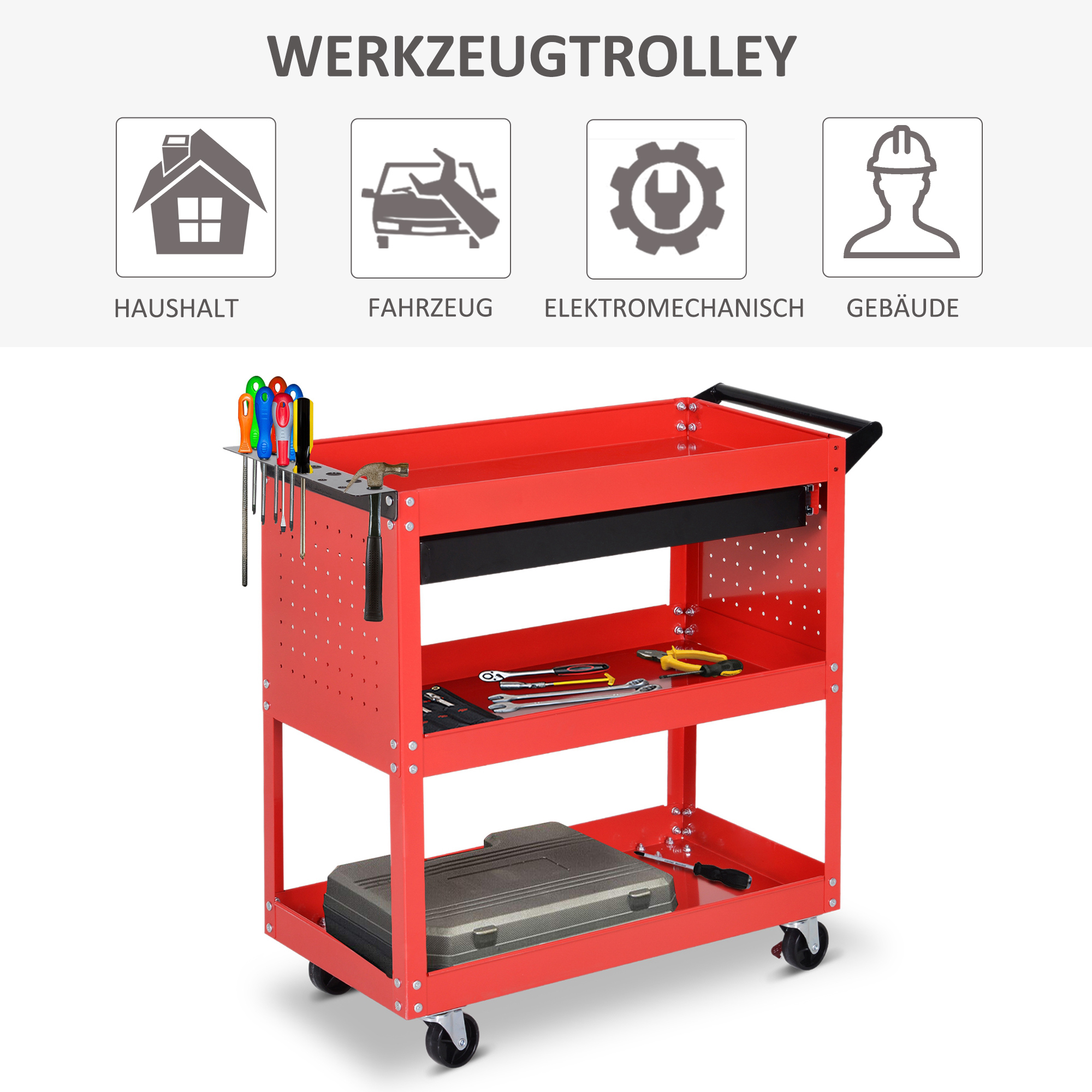 Werkzeugkoffer Werkzeugtrolley Werkzeugbox, 3 Ebenen, 4 Rollen, 82 cm x 35 cm x 76 cm, Rot