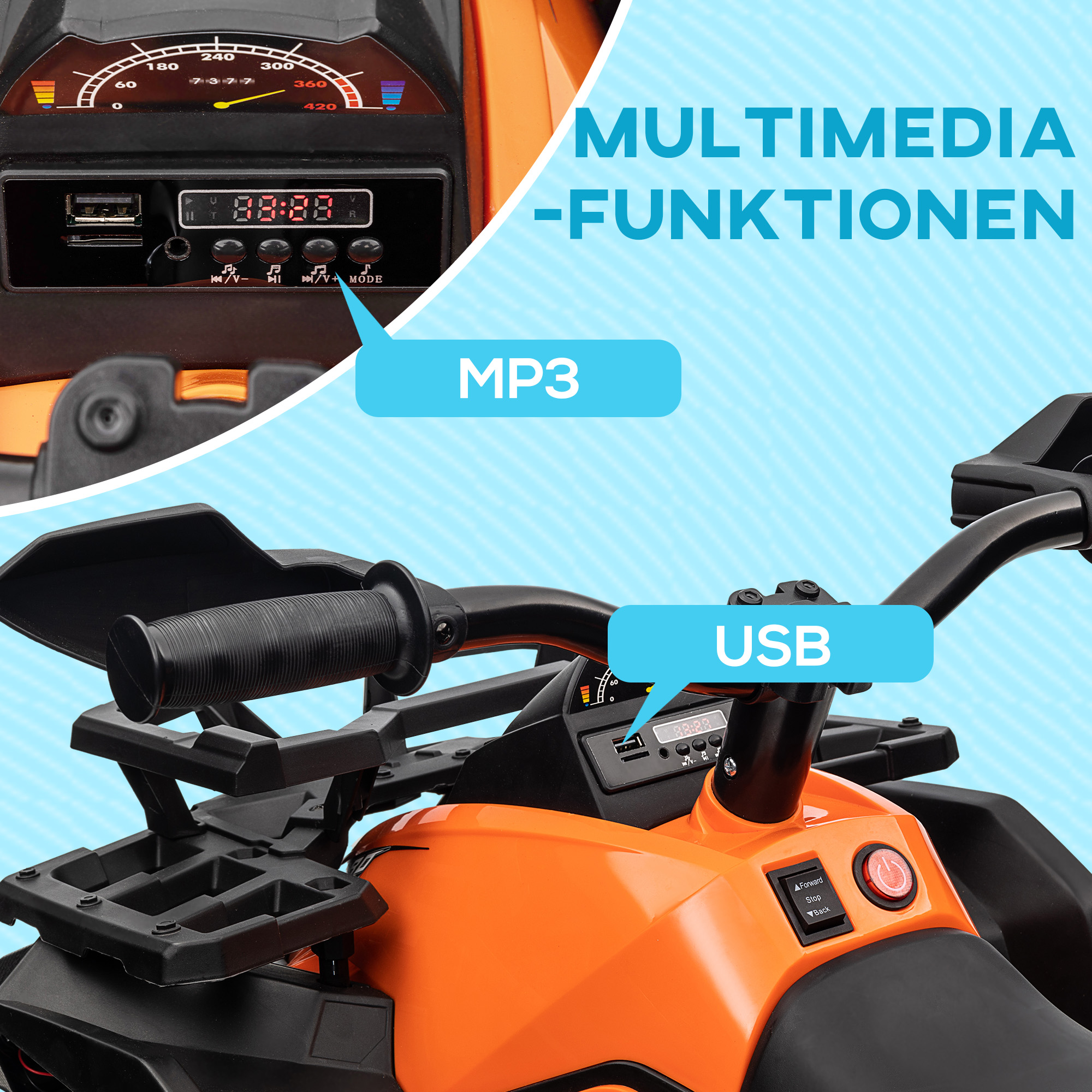 12V Kinderfahrzeug mit Vorwärts-, Rückwärtsfunktion, MP3-Musikplayer, Scheinwerfer, 3-8 km/h, 3-5 Jahre, Orange