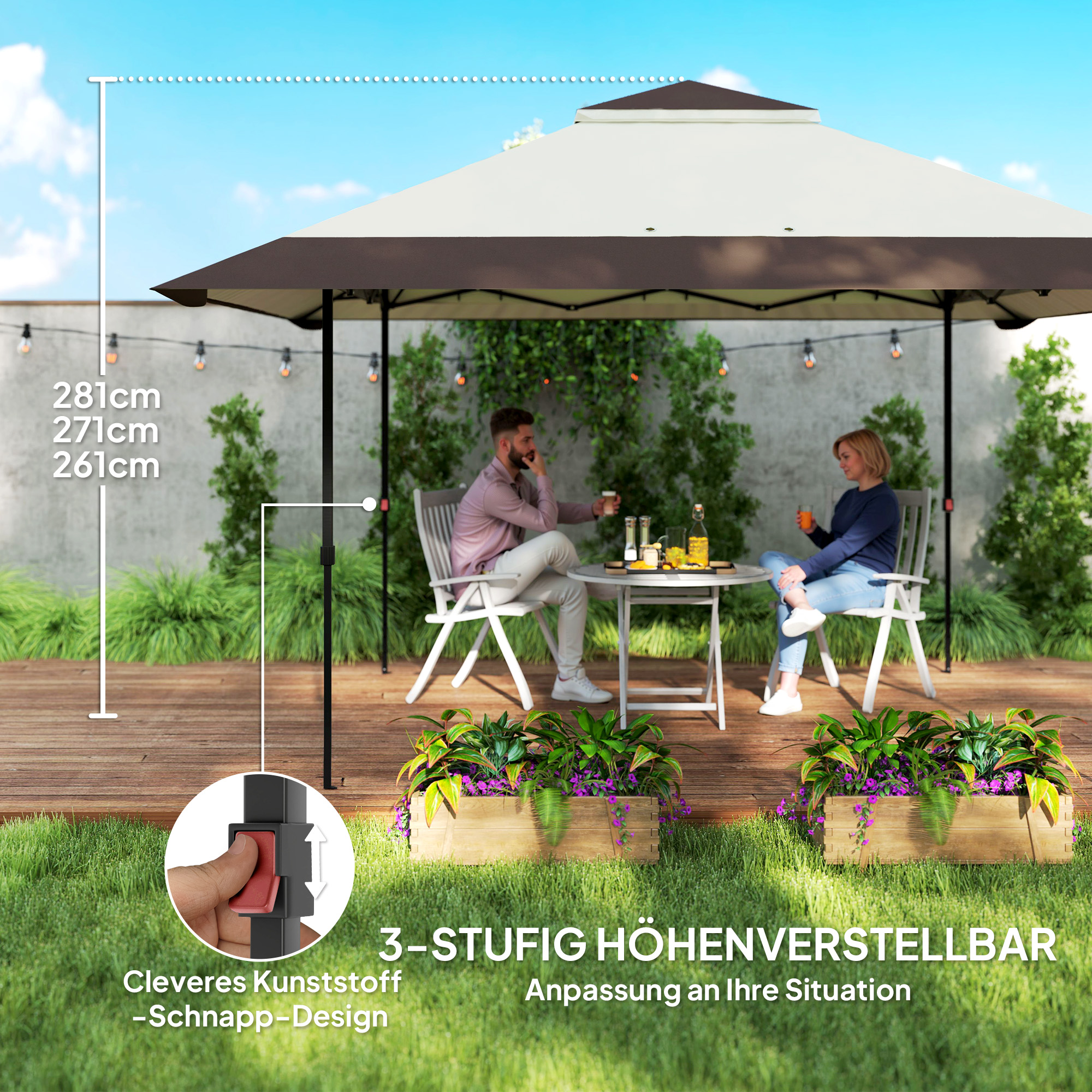 4 x 4 m Garten-Pavillon, Gartenzelt mit Netzwänden, UPF50+ Schutz, Höhenverstellbares Partyzelt, Beige