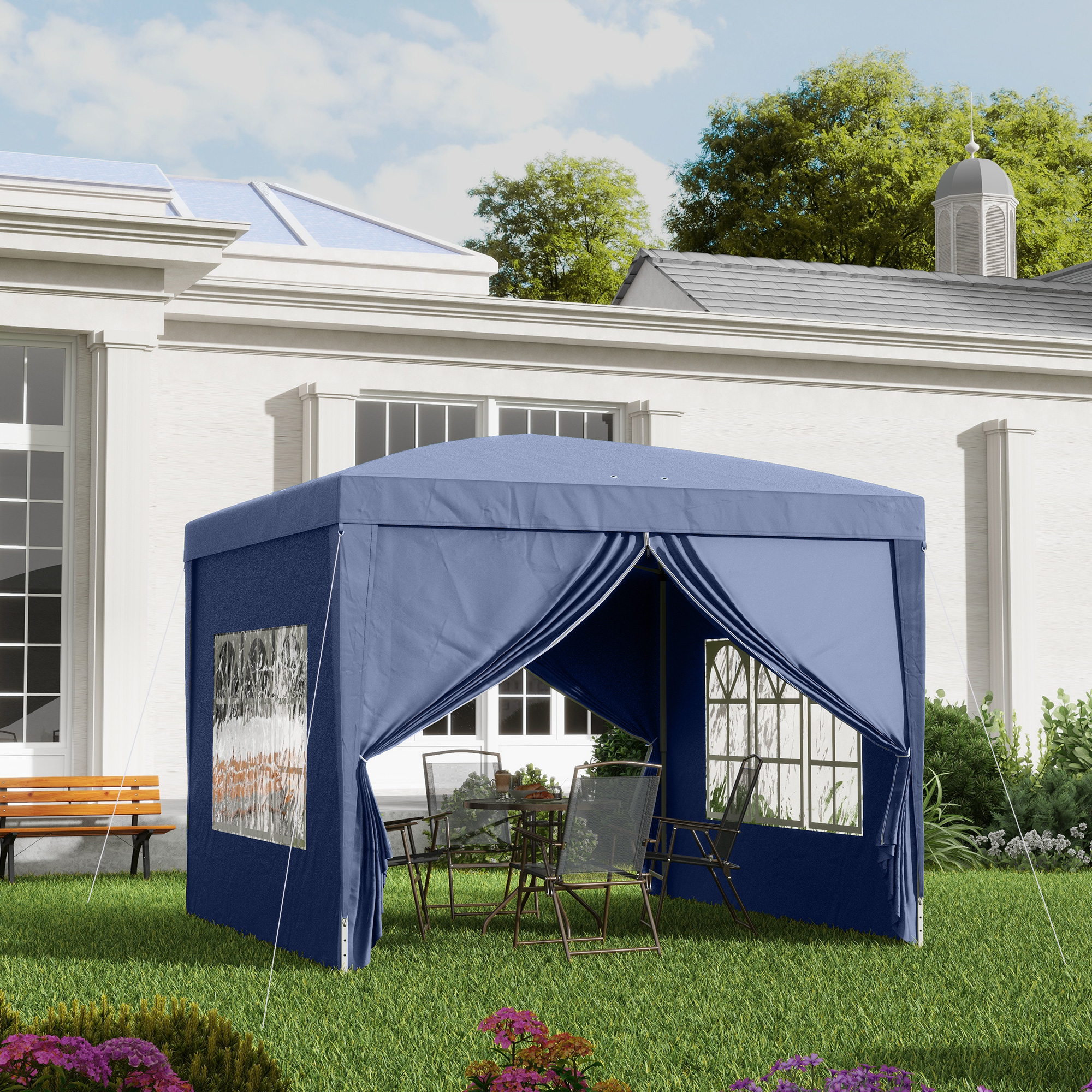 3 x 3 m Pavillon mit 4 Seitenwänden, Fenster, Festzelt mit UV-Schutz, Gartenzelt inkl. Tragetasche, Stahl, Blau