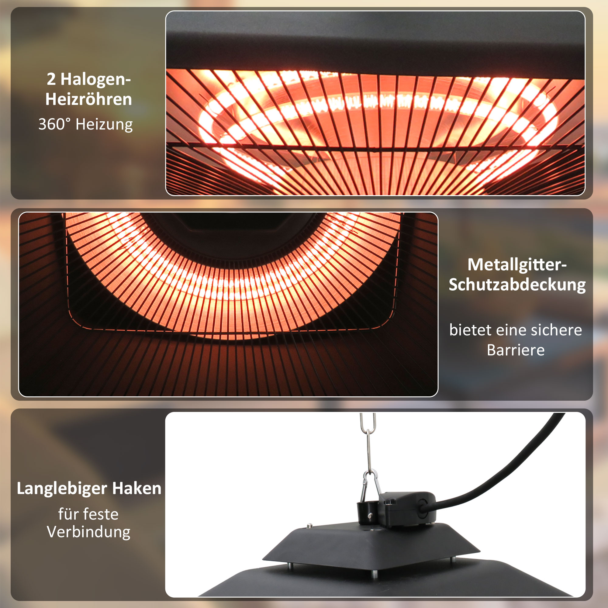 Infrarotstrahler 2000 Watt Heizstrahler mit Fernbedienung 2 Heizstufen Schutzhülle LED-Anzeige elektrisch Wärmestrahler Quarzstrahler Terrassenheizer Infrarotheizung Schwarz