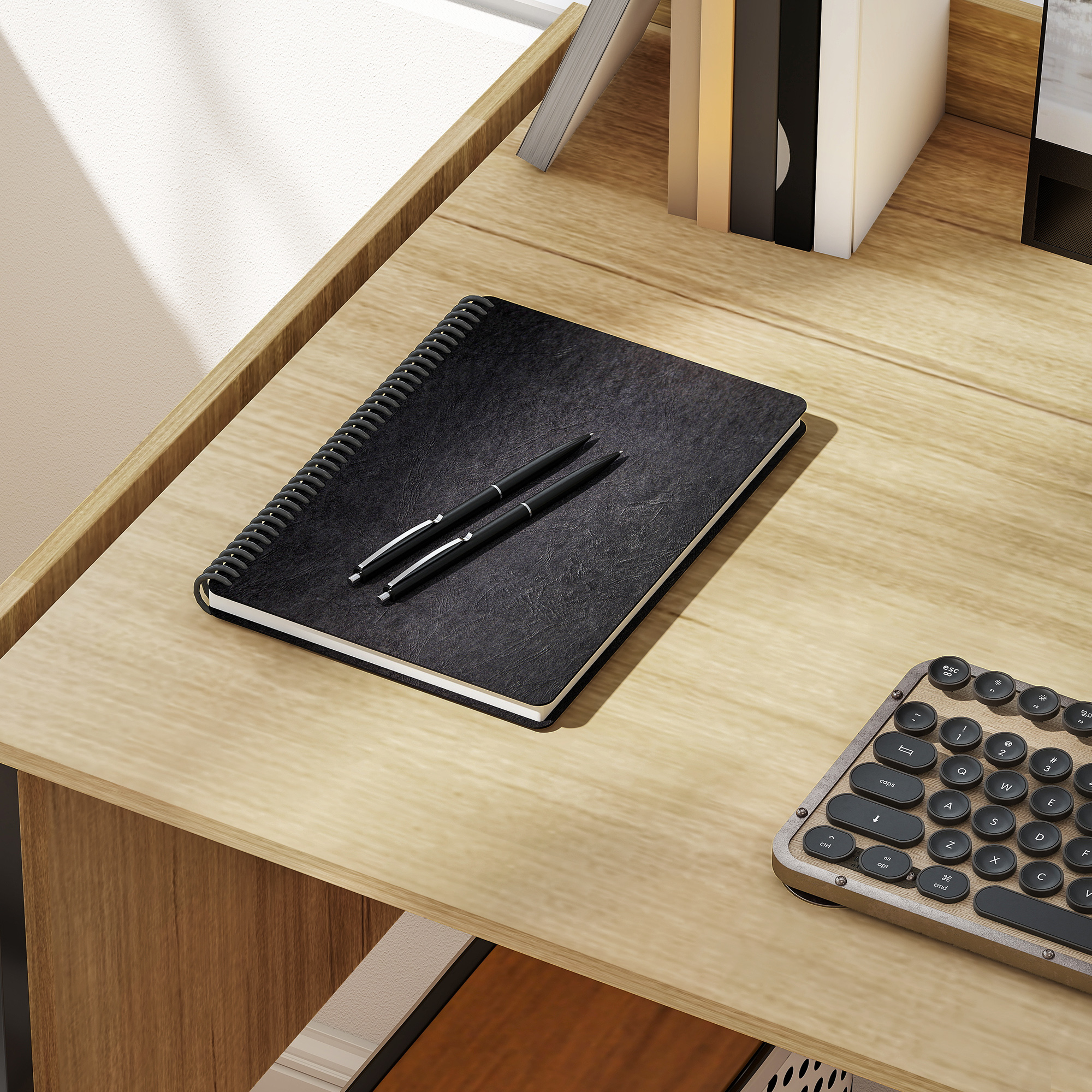 Klappbarer Computertisch mit 2 Ausziehplatten, viel Platz für Monitore, Metallbeine, robuste Konstruktion, Eiche+Schwarz