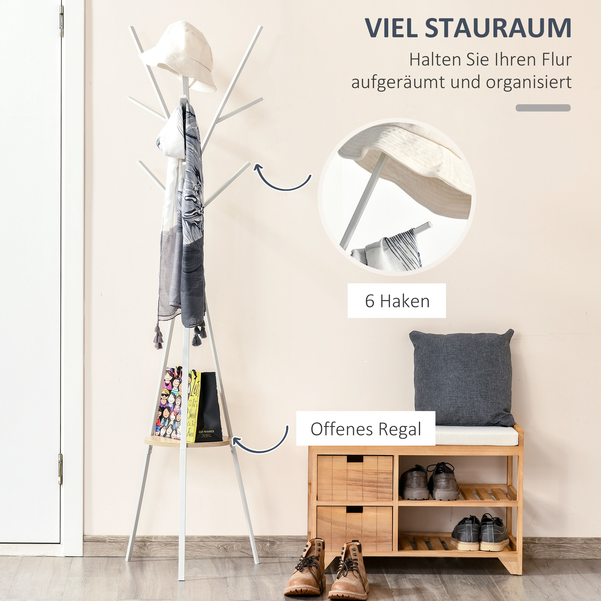 Garderobenständer Kleiderständer mit Ablage und 8 Haken Jackenständer Moderner Garderobe für Kleidung Hut Tasche, Wohnzimmer, Weiß