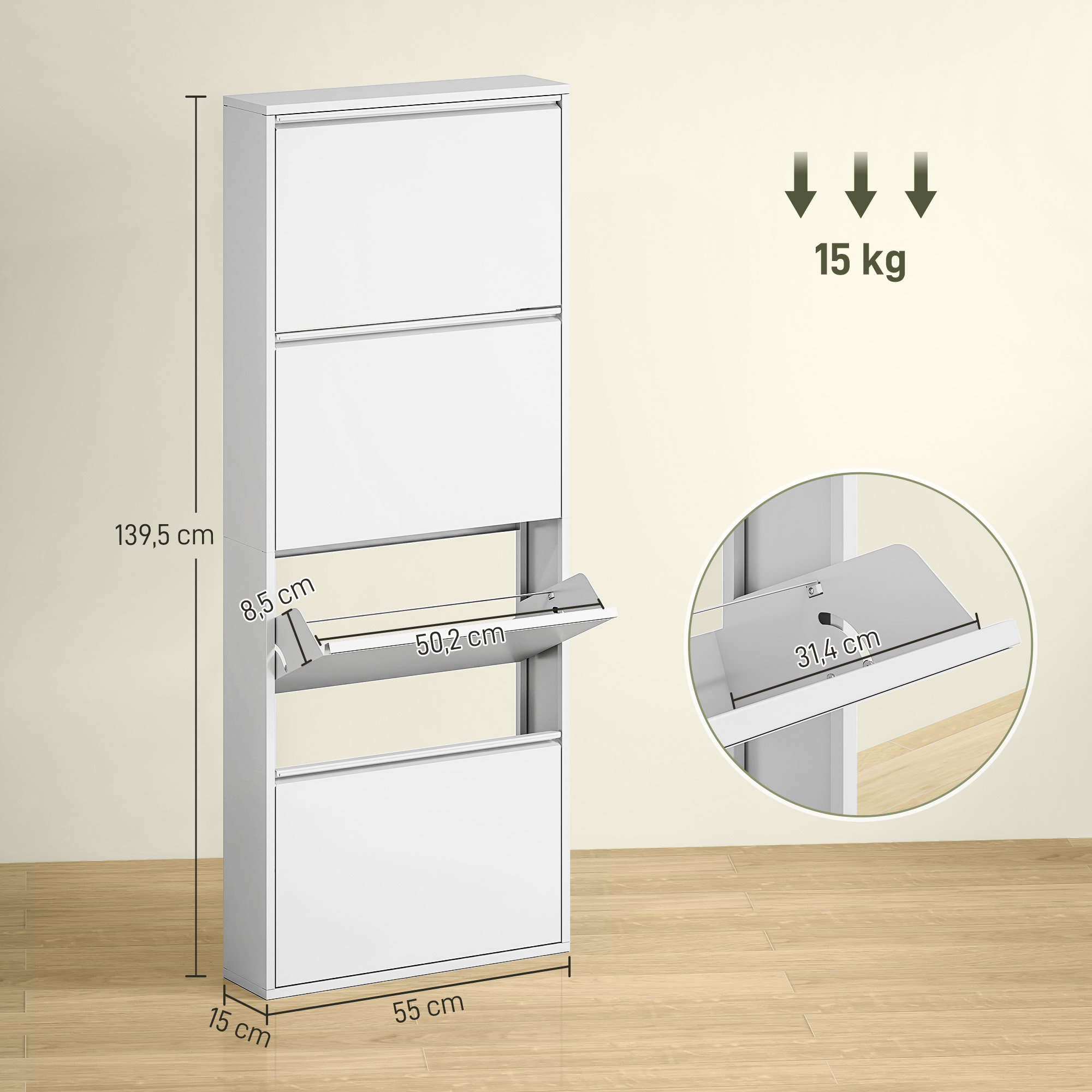 Schmaler Schuhschrank aus Metall für bis zu 8 Paar Schuhe, 4 Kippschubladen, für Flur, Eingangsbereich, Weiß