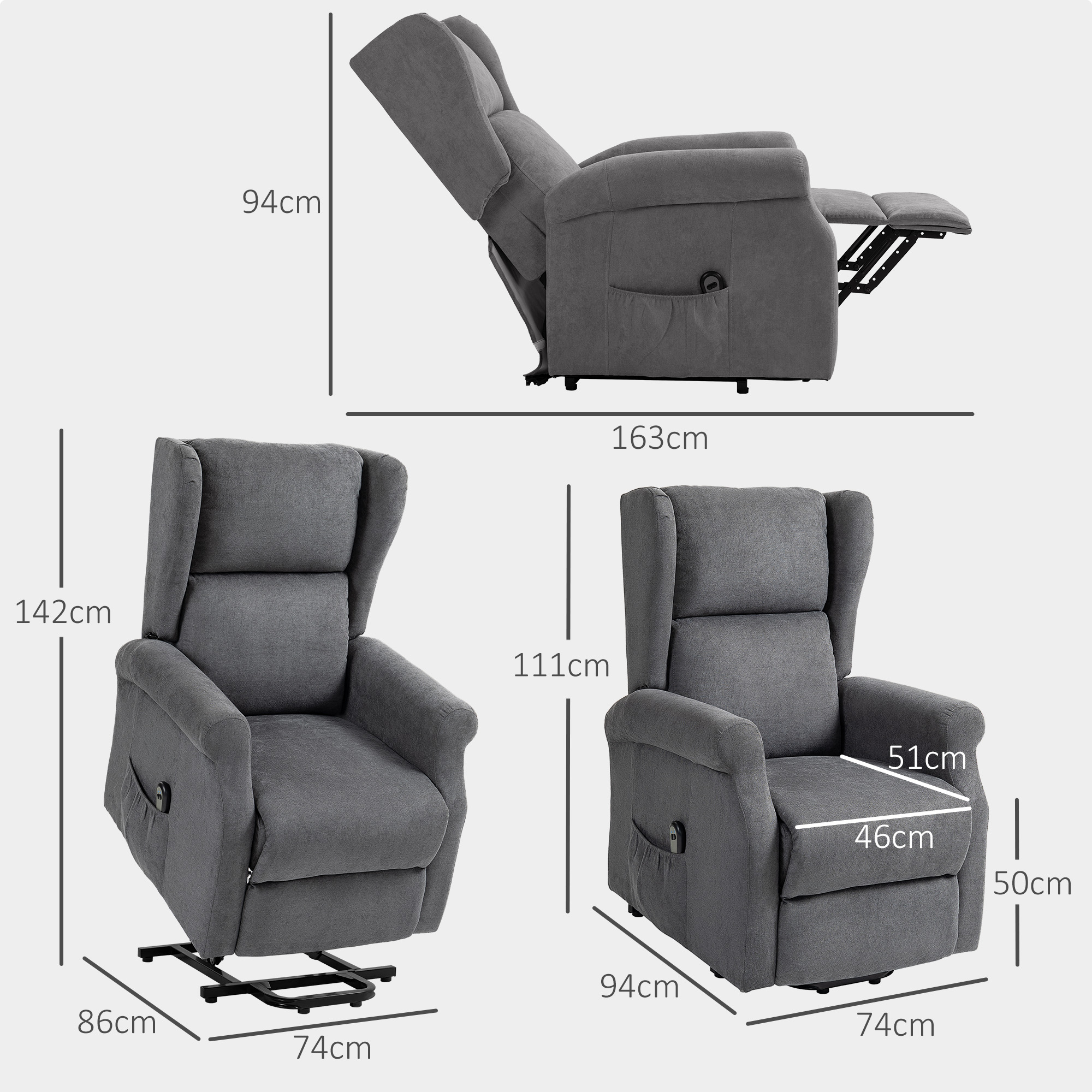 Relaxsessel, Aufstehhilfe, Liegefunktion, bis 200kg, 72,5x94x109cm, Dunkelgrau
