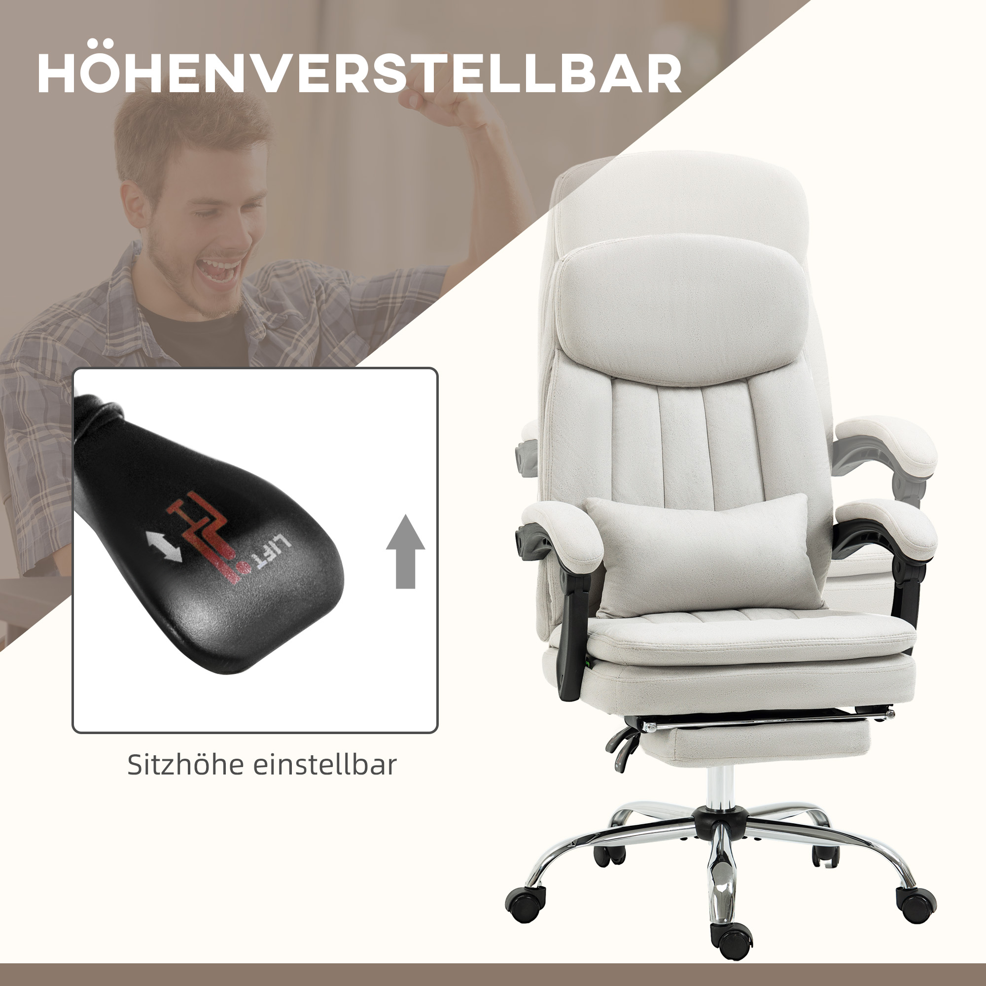 Bürostuhl mit Massage- und Heizfunktion, ergonomisch, 66x67x110-118cm, Cremeweiß