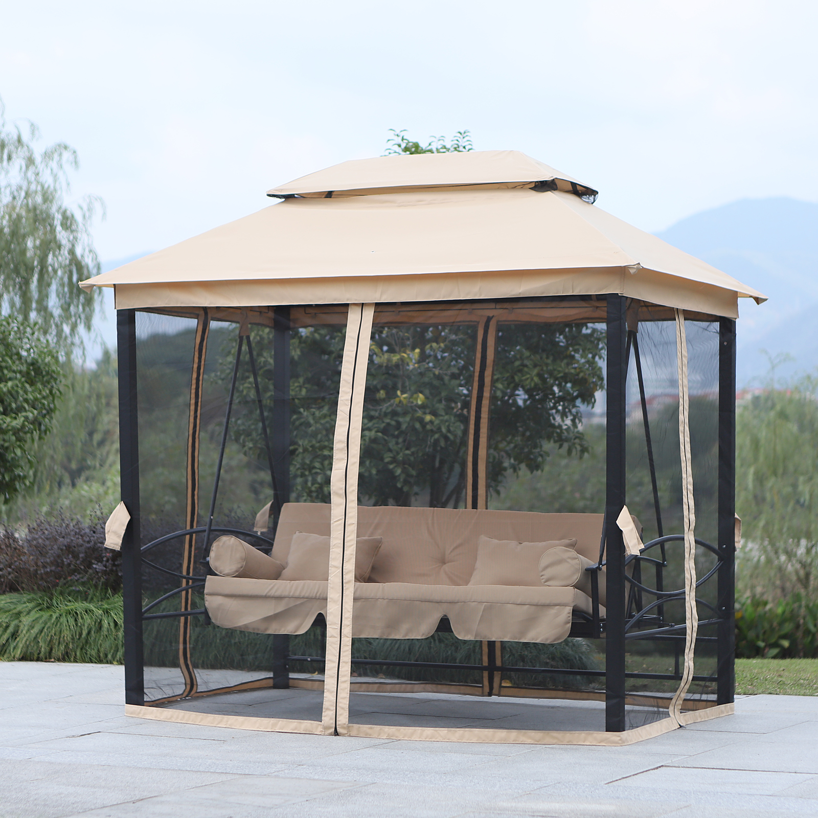 Hollywoodschaukel Gartenschaukel Schaukel mit Seitenwänden 3-Sitzer Beige 256 x 172 x 248 cm