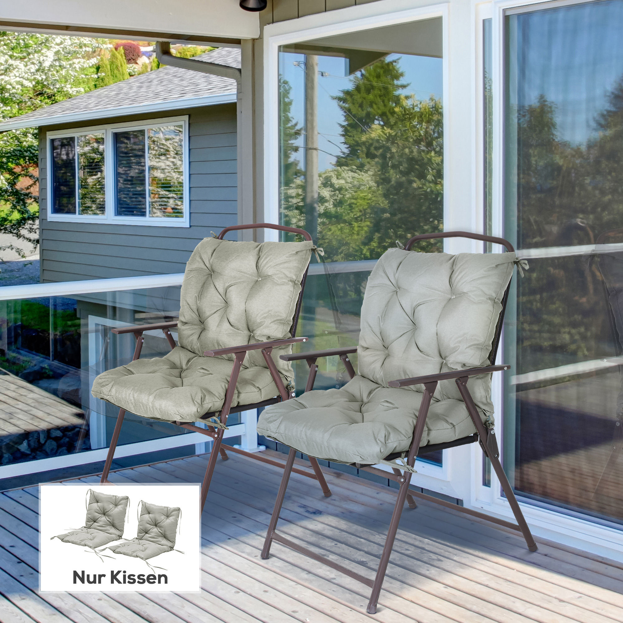 2er-Set Sitzkissen, 98 x 50 cm Stuhlkissen mit Bindebänder, Stoffbezug, 8cm dick Hellgrau