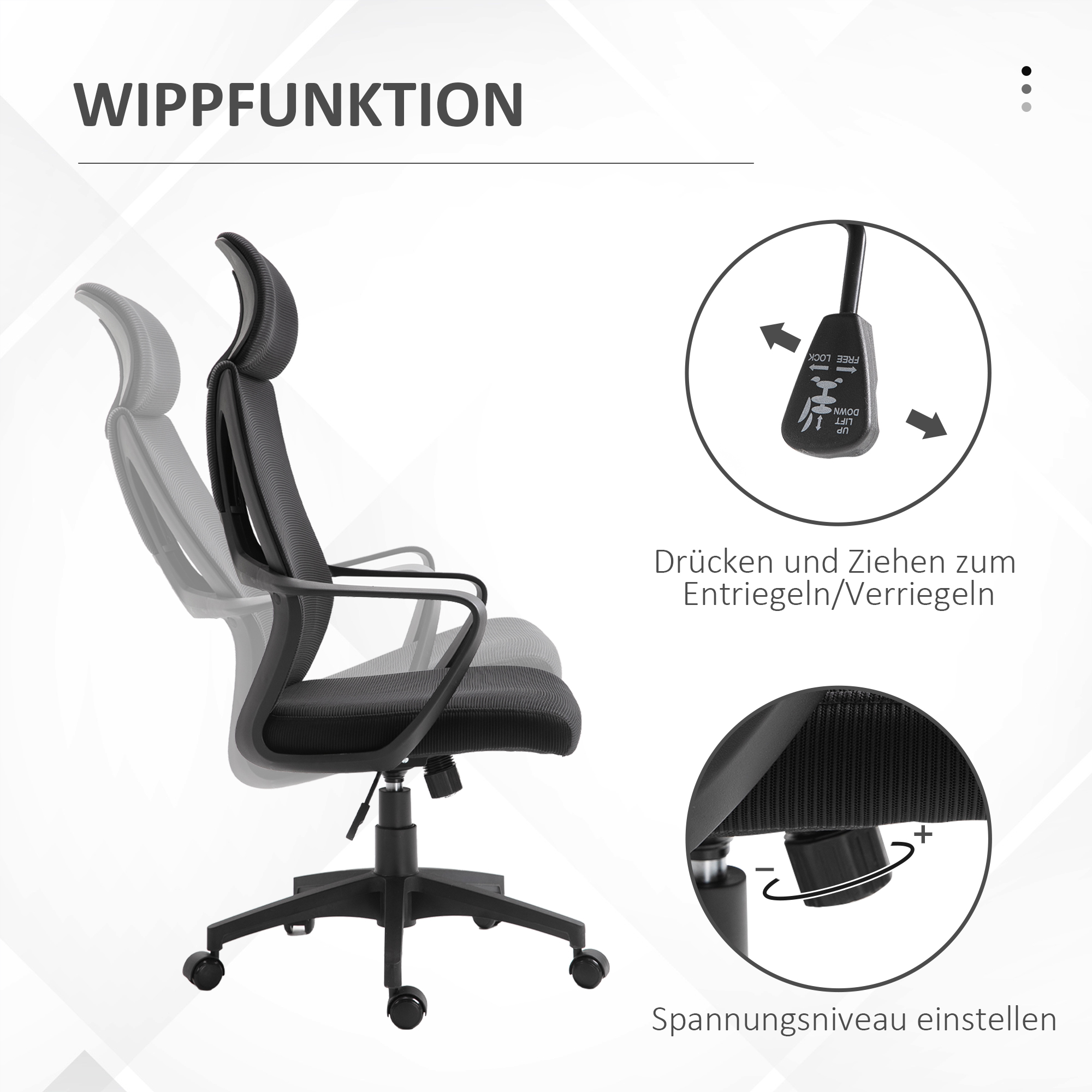 Bürostuhl, Schreibtischstuhl mit Wippfunktion Höhenverstellbarer mit Kopfstütze, Lendenstütze Schwarz