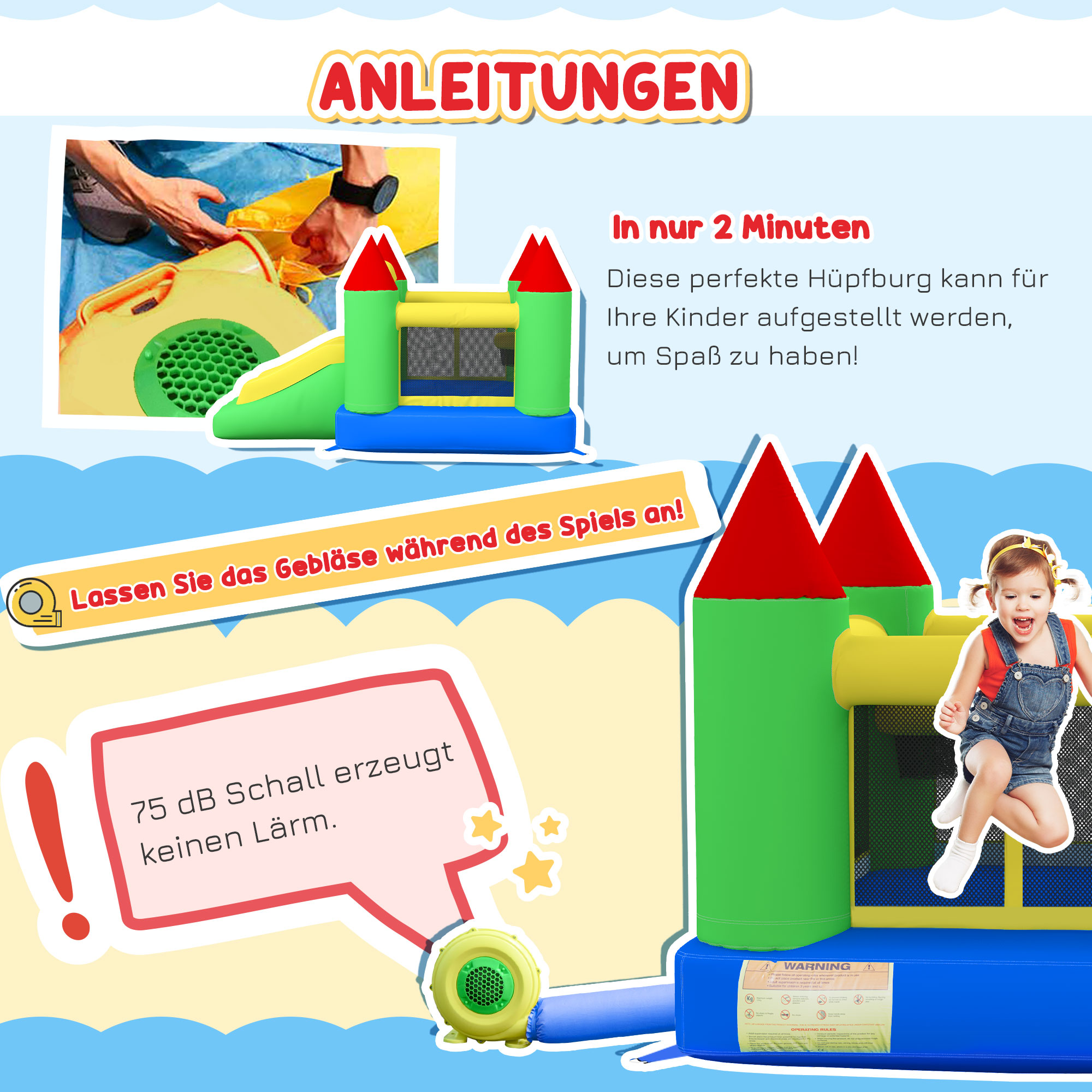 Hüpfburg mit Rutsche und Sicherheitsnetz, bis 100 kg, 3-10 Jahre, 300x180x160cm