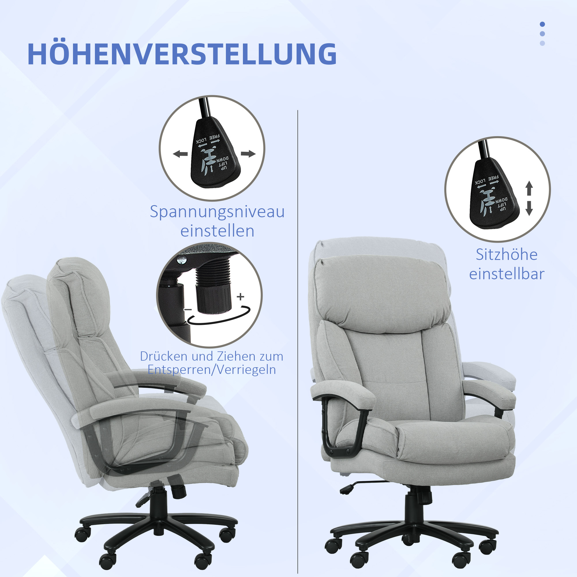 großer hoher Bürostuhl, 200 kg Tragekapazität, robuste Konstruktion, weicher Bezug, Hellgrau