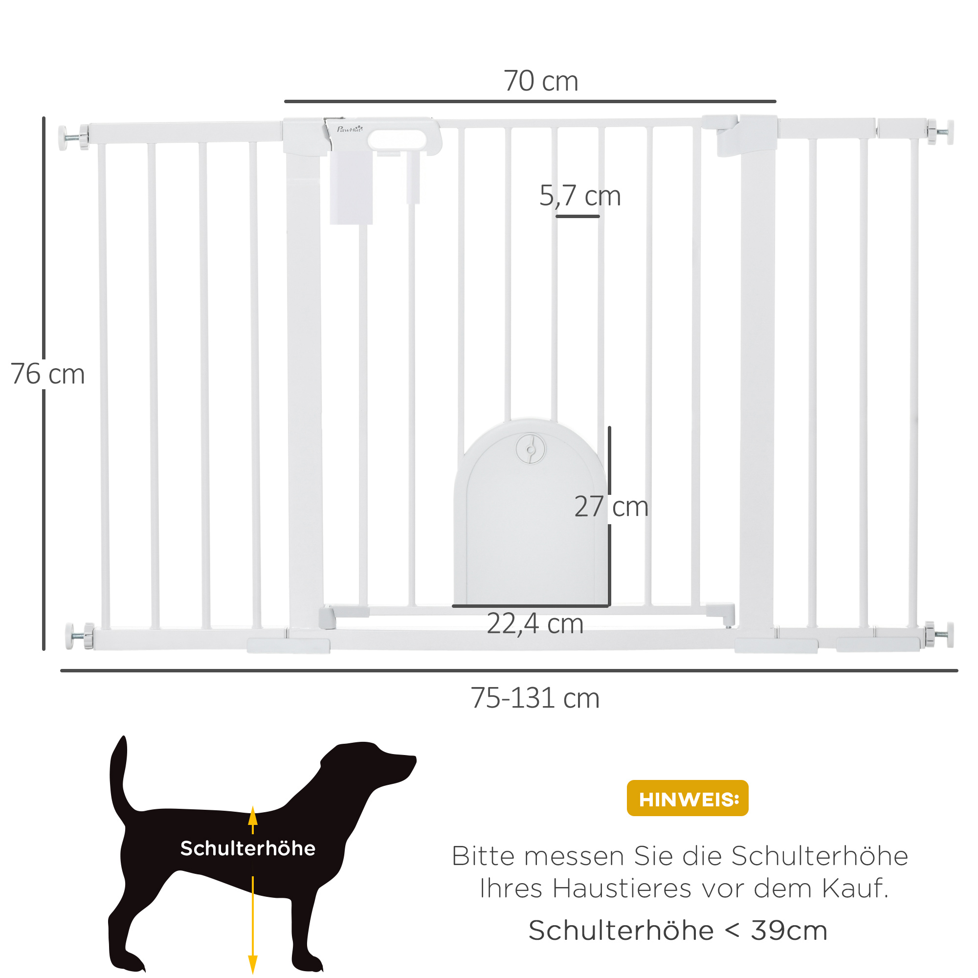 Türschutzgitter Treppenschutzgitter Hunde Absperrgitter Schutzgitter für Haustier Hundegitter Klemmbefestigung Metall ABS Weiß 75-131 x 76 cm