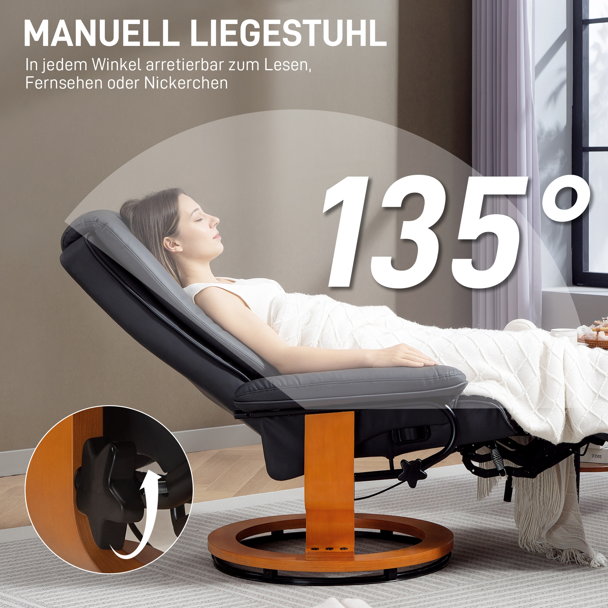 Relaxsessel mit Liegefunktion, drehbar, bis 150 kg, Kunstlederbezug, Stahlrahmen, Dunkelgrau