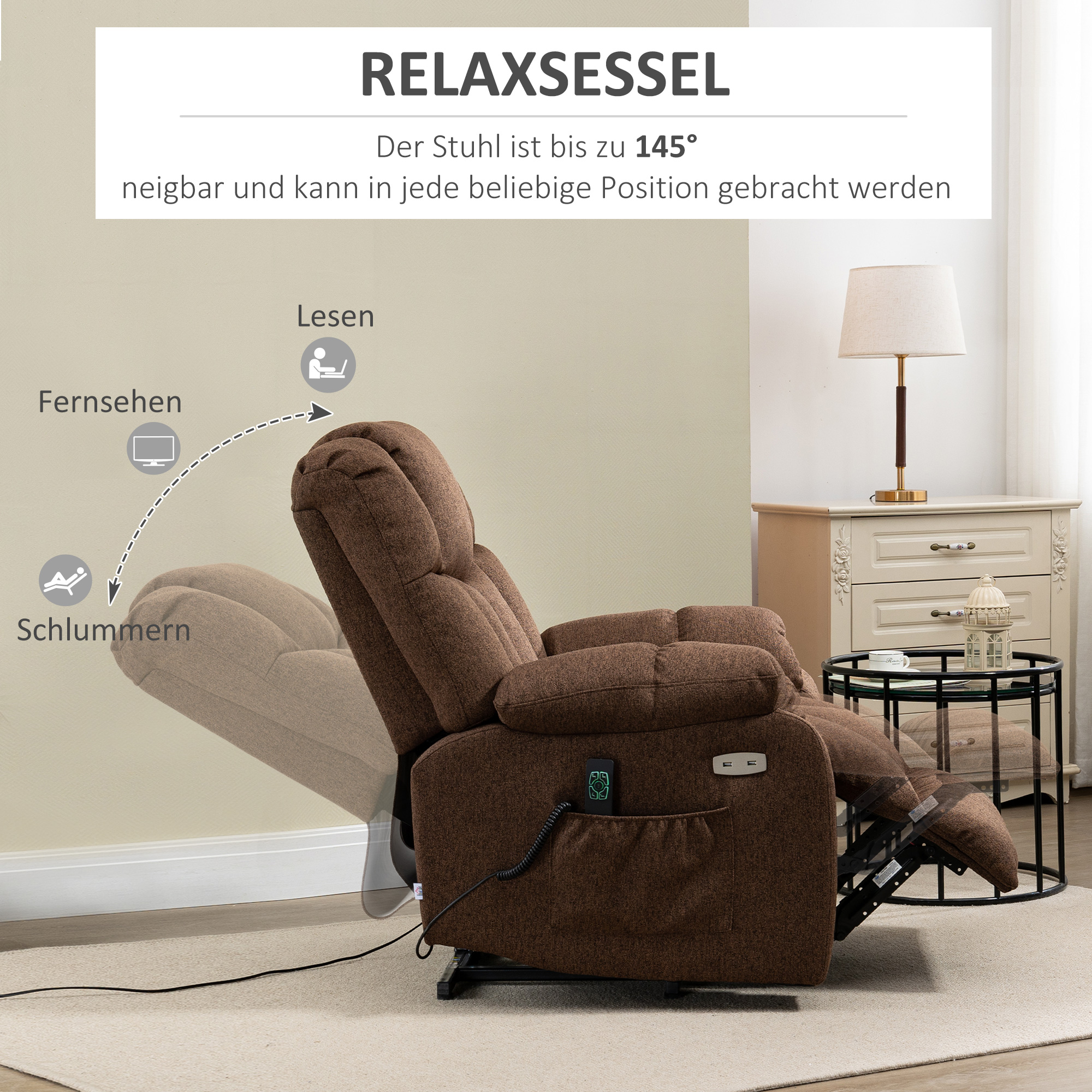 Aufstehsessel mit Liegefunktion und Fernbedienung 92 x 95 x 107 cm, Braun