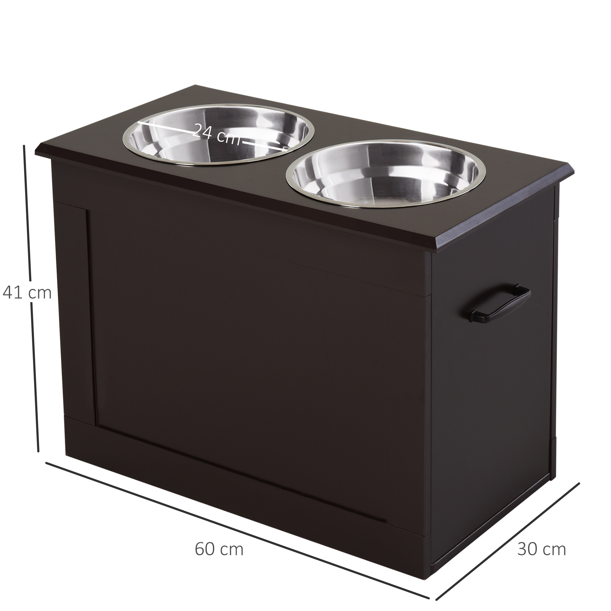 Futterstation, 2 Fressnäpfe aus Edelstahl, versteckter Stauraum, 60 cm x 30 cm x 41 cm, Schwarz + Silber