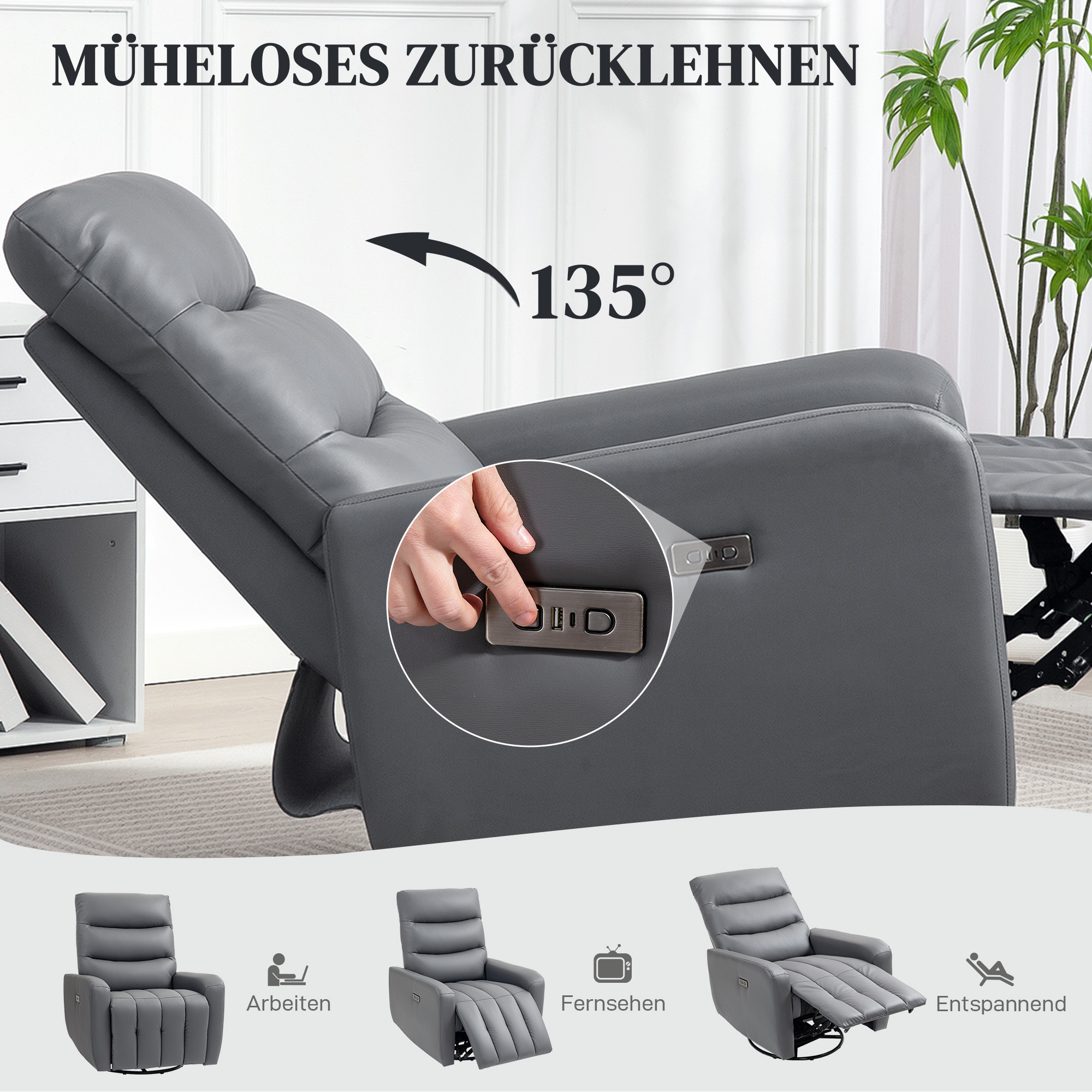 Relaxsessel, Polstersessel mit Liegefunktion, Fernbedienung, USB-Anschluss, Grau