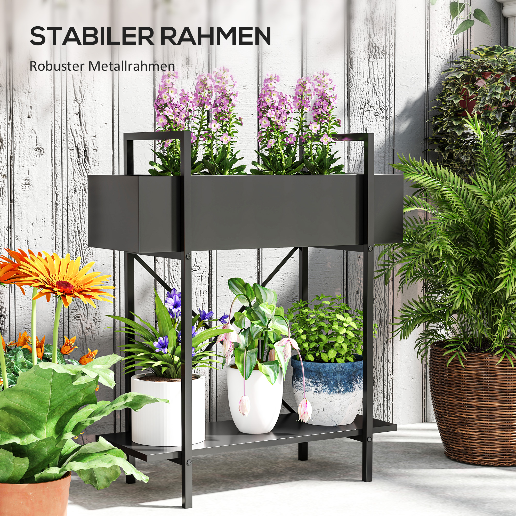 Pflanzenständer, Blumentopfständer mit 2 Ebenen, Ablauflöcher, für drinnen und draußen, Metall, Schwarz