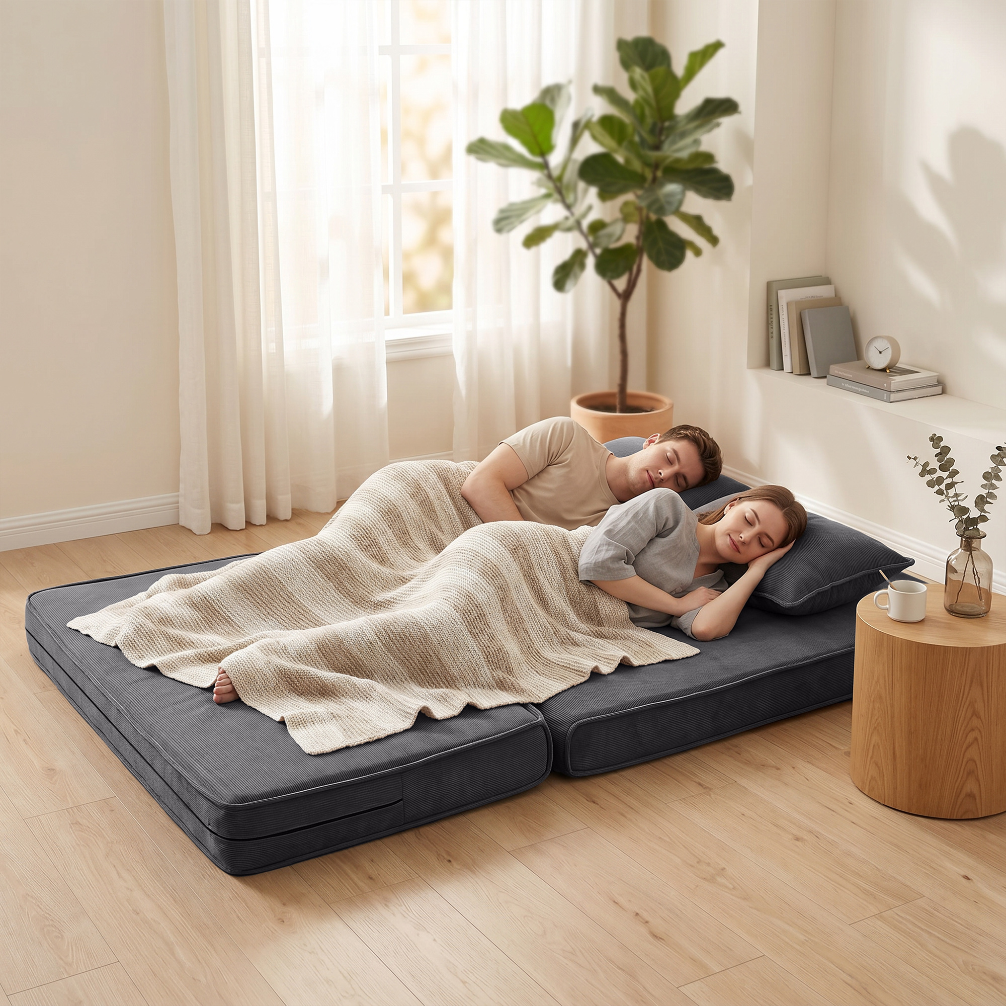 Bodenstuhl mit Rückenlehne, Cord-Klappsofa als Gästebett, Verstellbare Rückenlehne, Breiter Sitz, Dunkelgrau