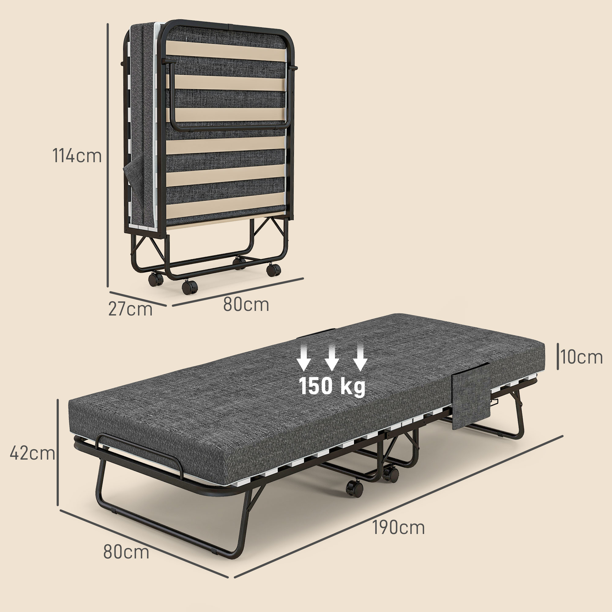 Klappbett, Matratze, 4 Rollen, Metallgestell, bis 150 kg, 190 x 80 x 42 cm, Dunkelgrau