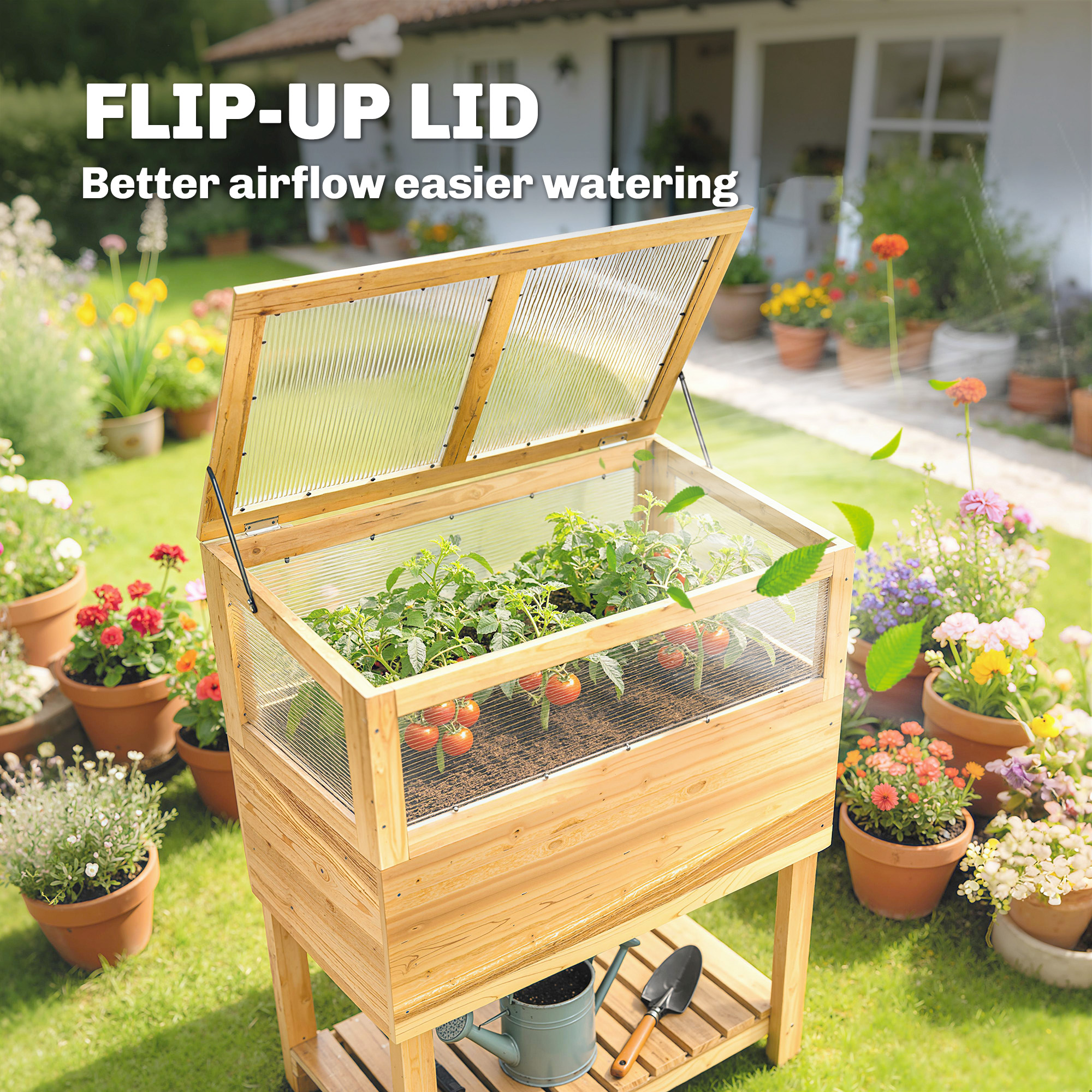 Hochbeet mit Frühbeetaufsatz aus Holz erhöhter Pflanzkasten mit aufklappbar Abdeckung Regal Vliesstoff Ergonomisch