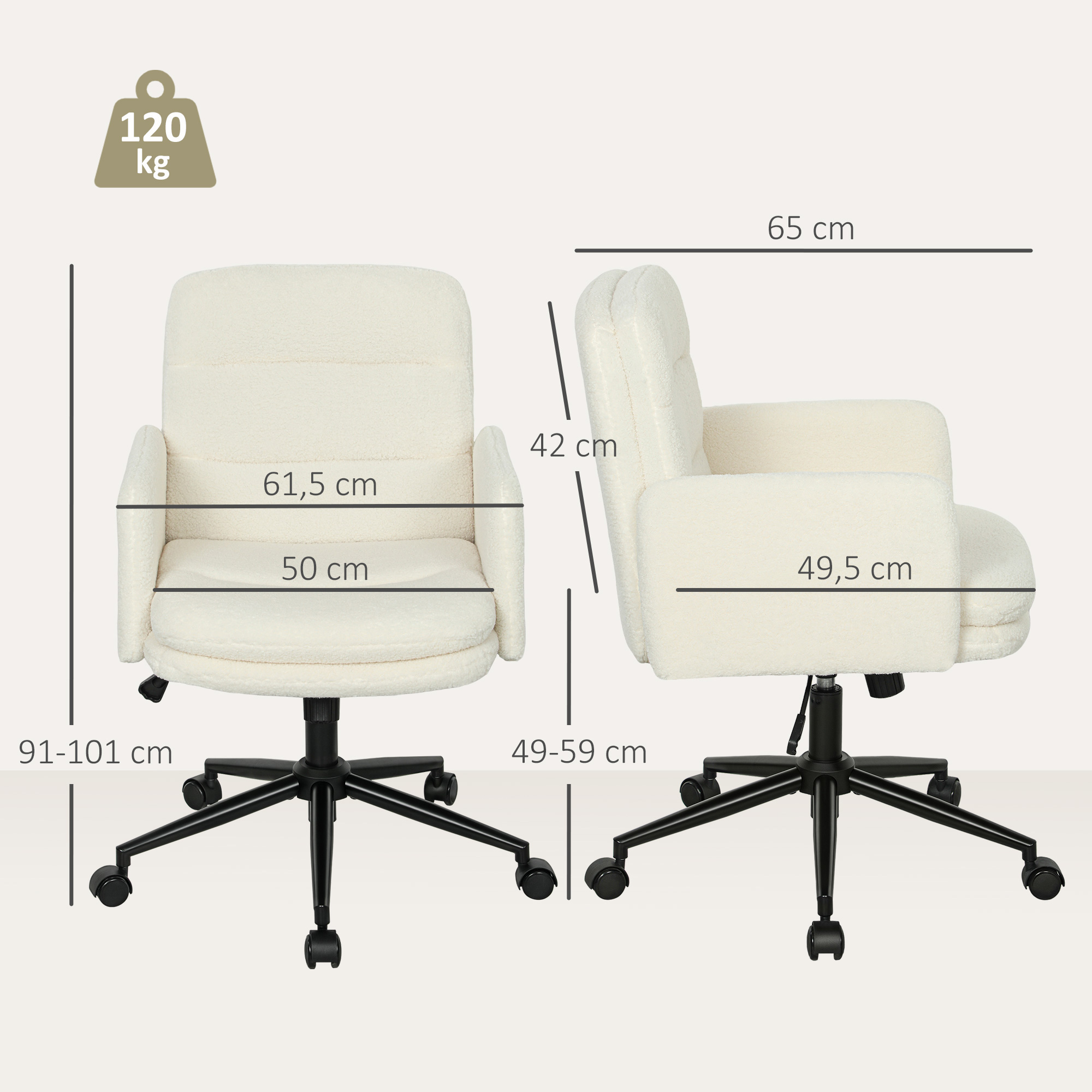 fahrbarer Bürostuhl mit Stoffbezug, Armlehne, 5 Räder, drehbar, Cremeweiß