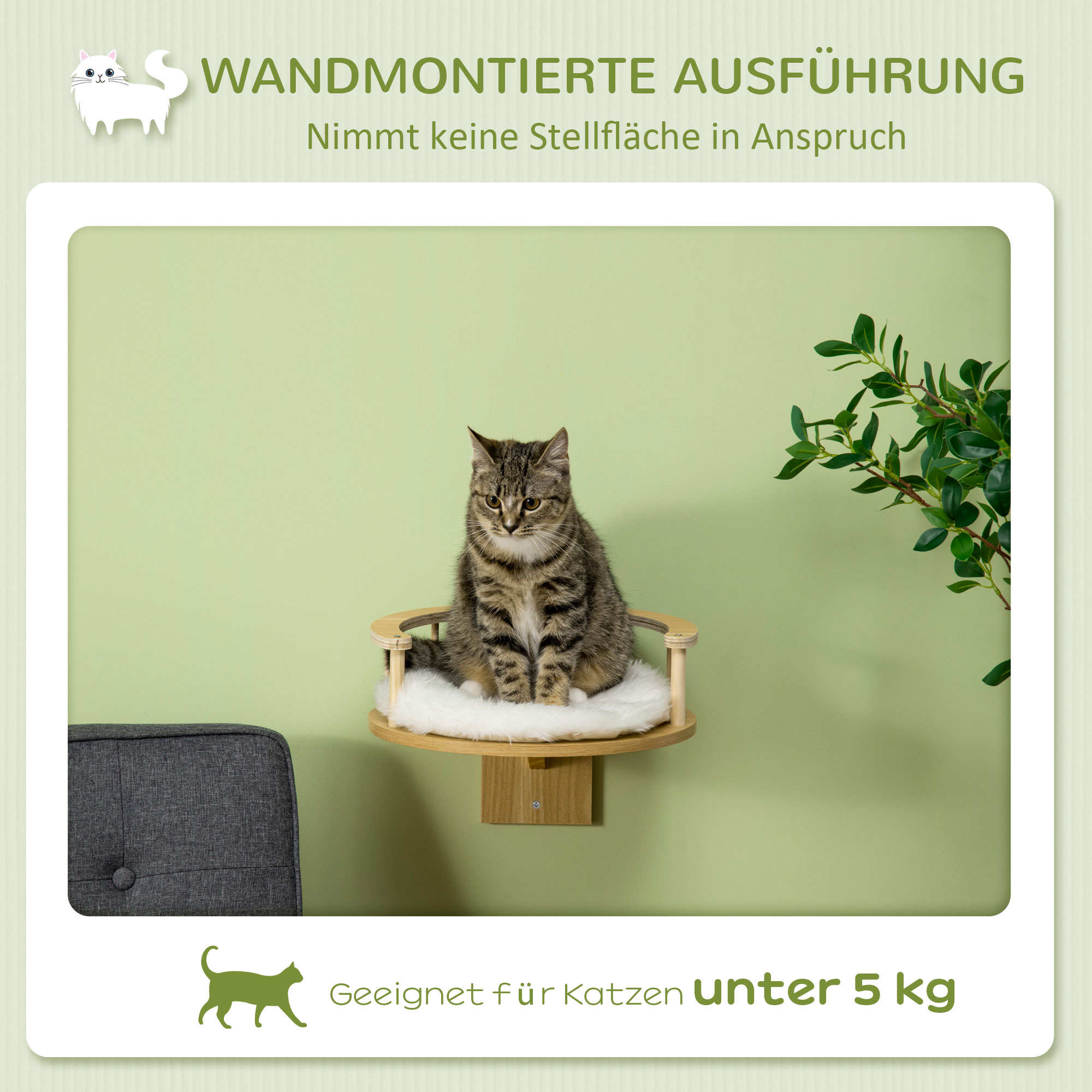 Wandliege, Katzenbett, mit Schutzrand, Liegekissen, für Wandmontage, Eiche+cremeweiß, 34 x 34 x 10,5 cm