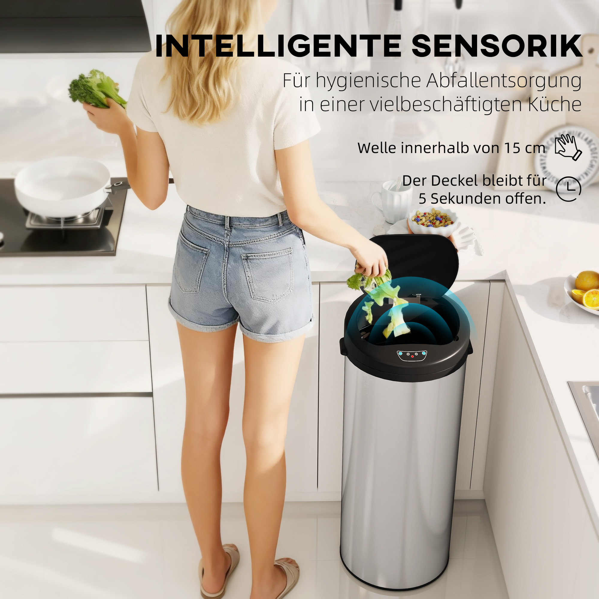 Sensor Mülleimer 55L Berührungsloser Abfalleimer mit Soft-Close-Deckel aus Edelstahl für Küche Fitnessstudio