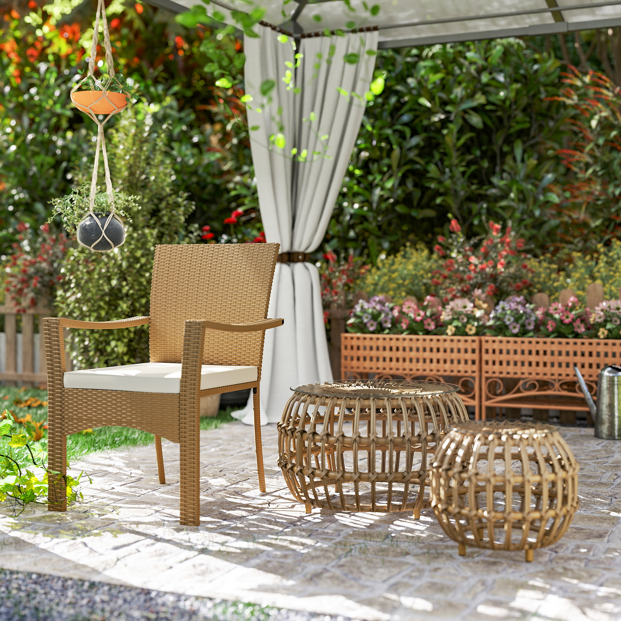 2er Set Beistelltisch Polyrattan Ø66/42 cm rund wetterfest Gartentisch mit Glasplatte Braun