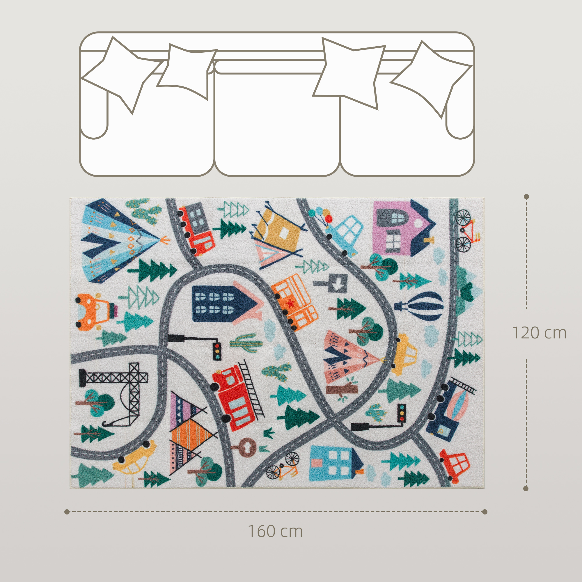 Teppich mit Autobahn-Muster, weißer Hintergrund, weiches Fleece, pflegeleicht, Bunt