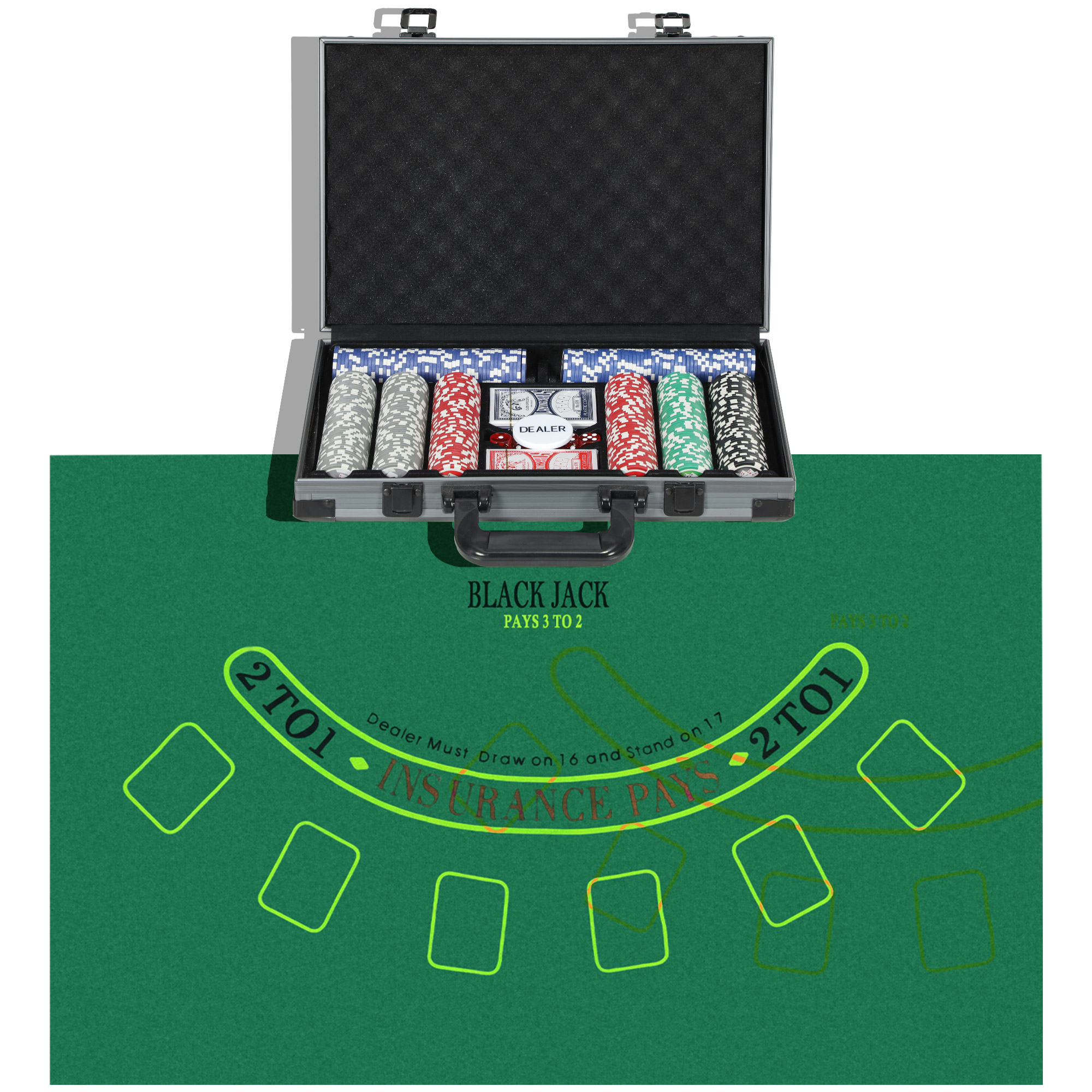 Poker-Set, Pokerkoffer, 400 Chips, 2 Kartendecks, 5 Würfel, Dealer-Scheibe, Unterlage