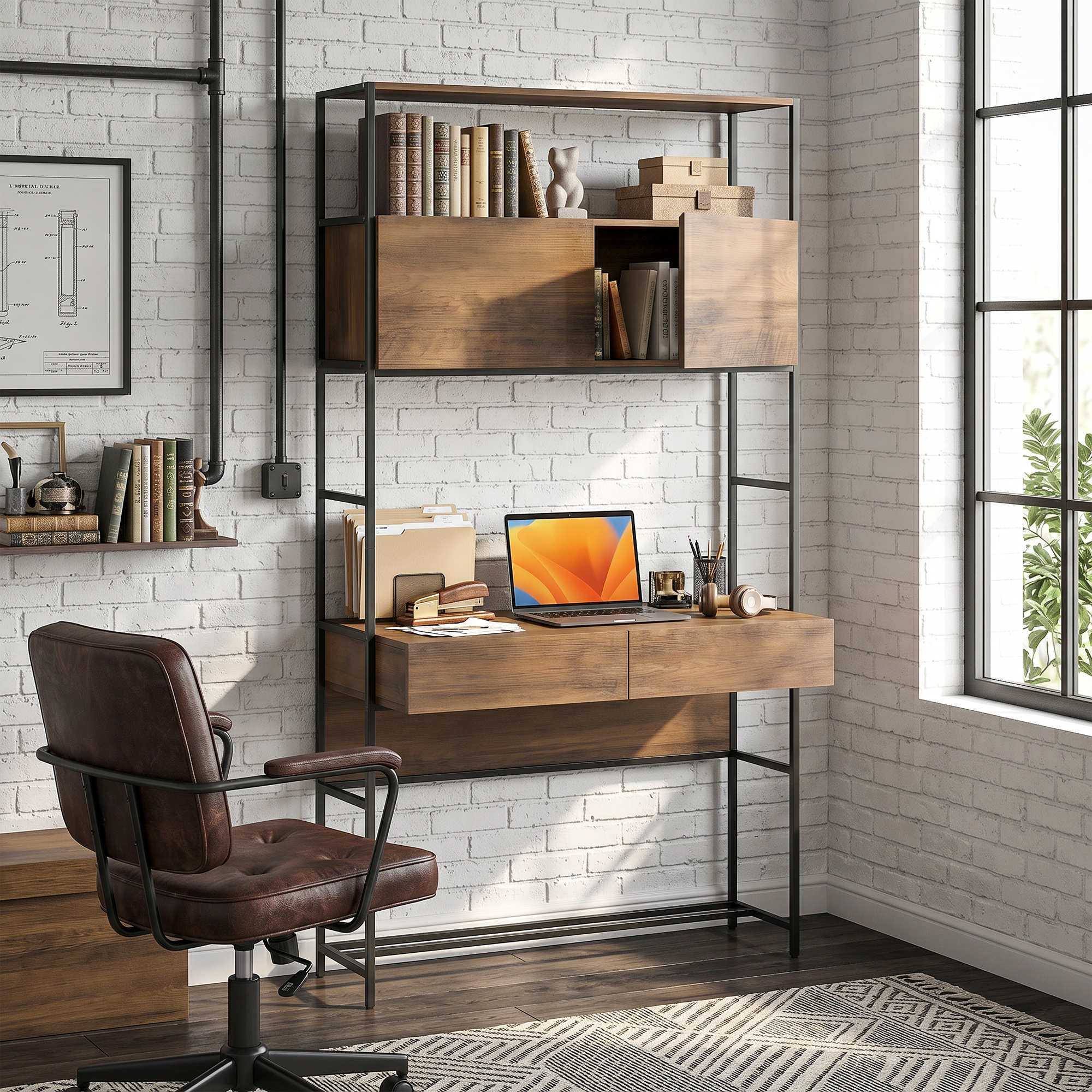 Computertisch mit Regalen und 2 Schubladen für das Home Office, 185 cm hoch, Braun Holzoptik