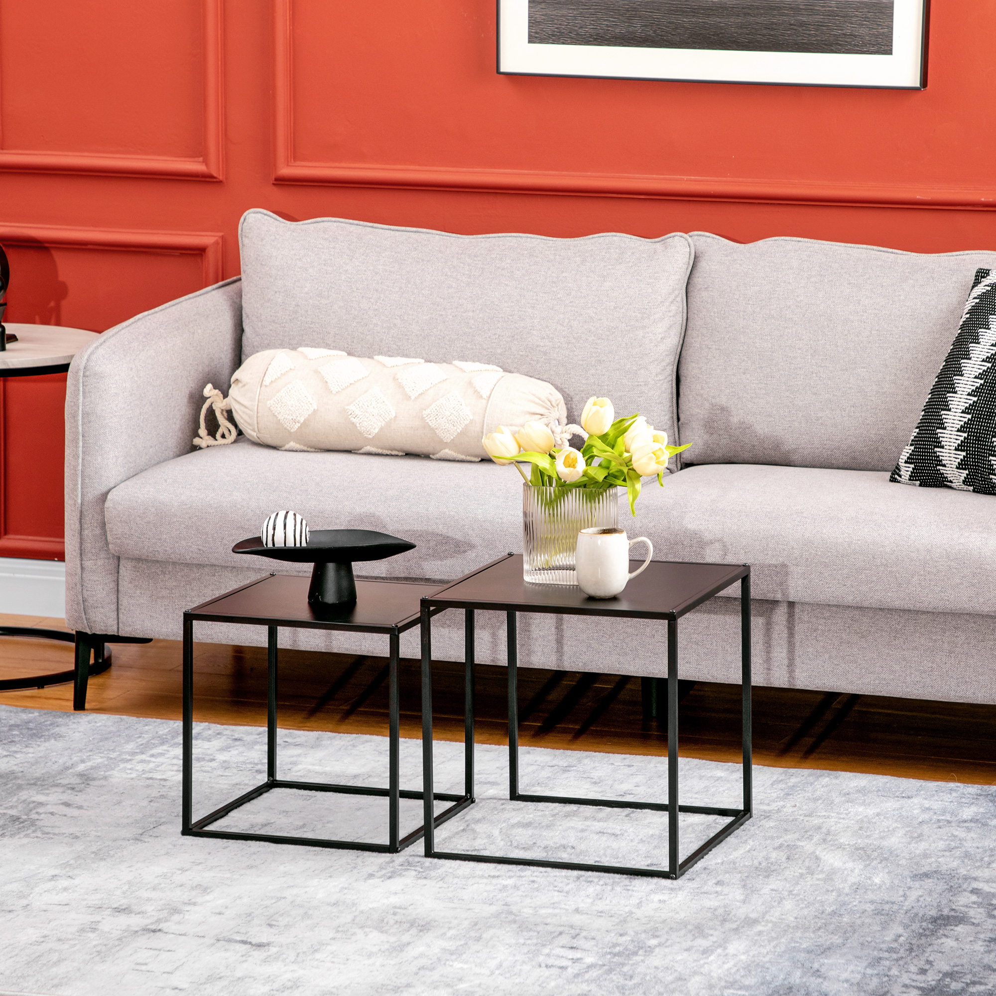 Beistelltisch, Couchtisch, Satztisch, 2er-Set, modernes Design, Stahlrahmen, schwarz, 40 x 40 x 40cm