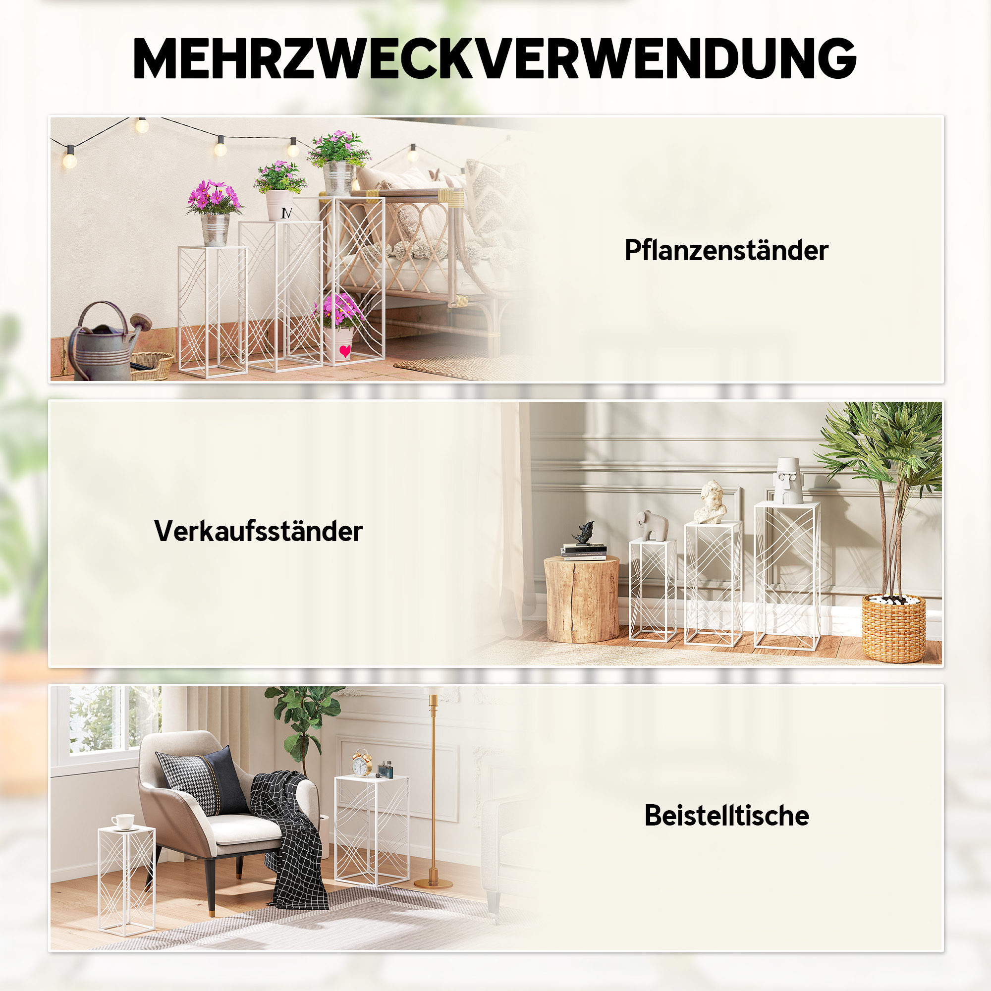 3er-Set Pflanzenständer, 50/60/70 cm hoch Blumenständer, stapelbar Pflanzenregal aus Metall Weiß