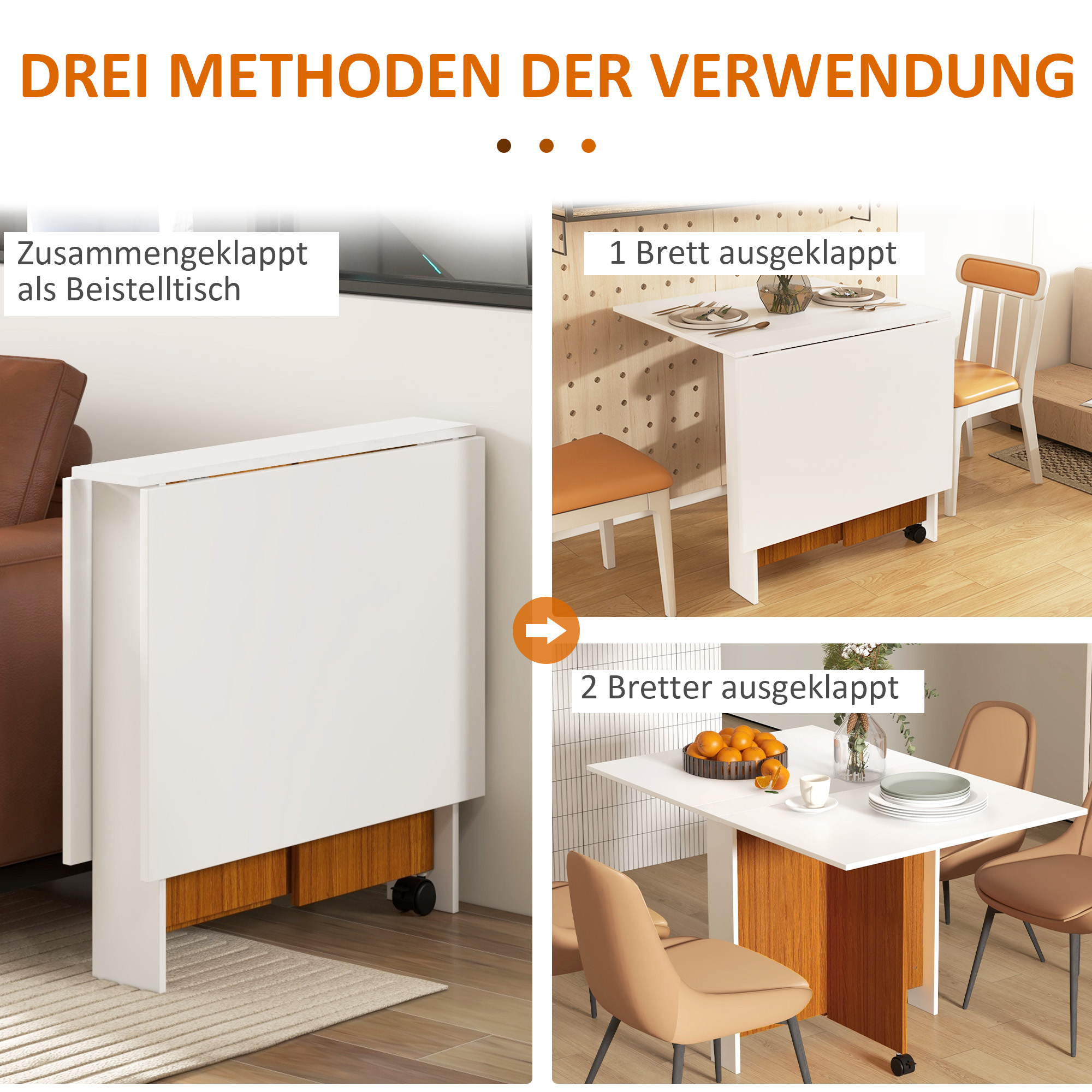 ausklappbarer Esstisch, ausziehbarer Esstisch, mobil, modernes Design, 120 cm x 80 cm x 73 cm, Teak + Weiß
