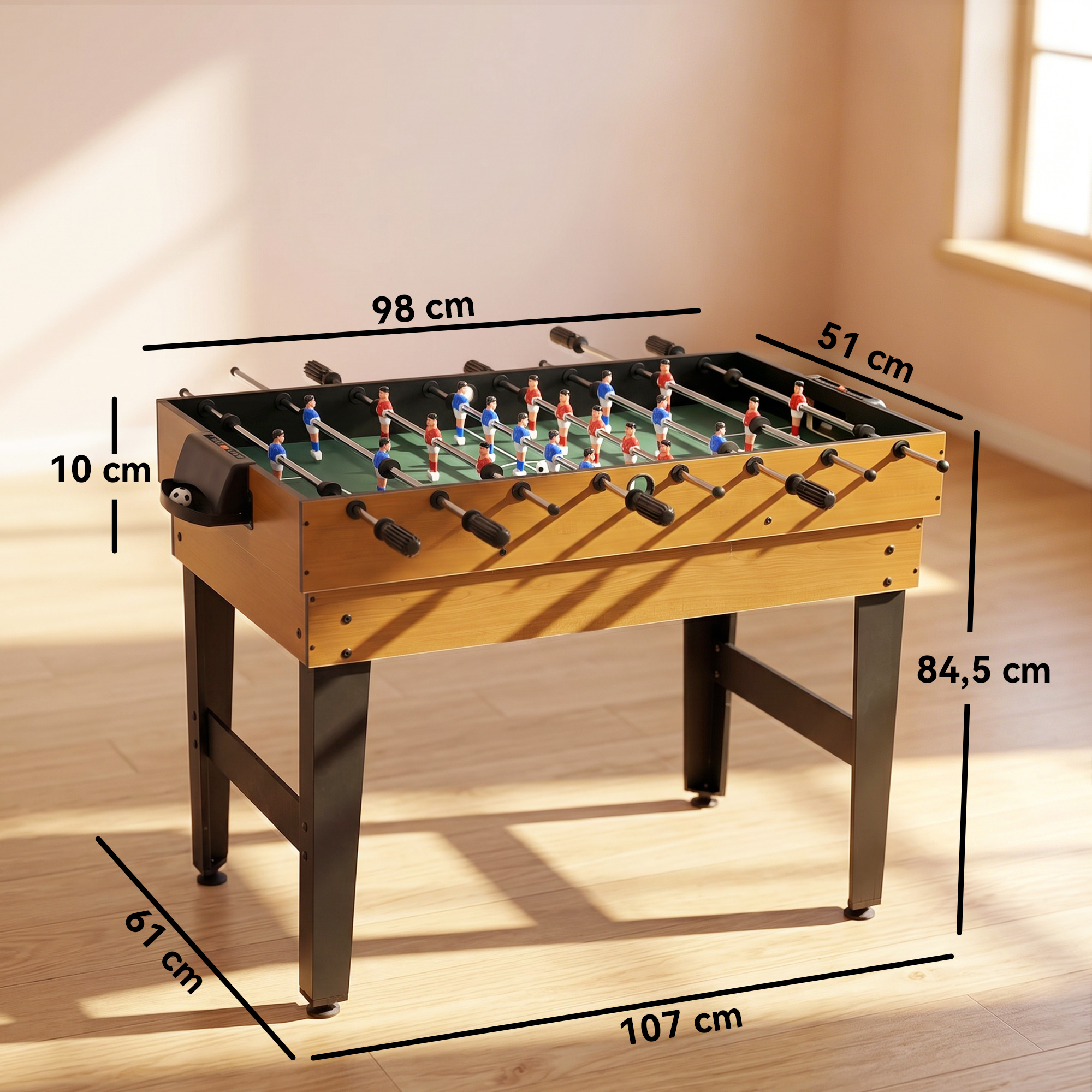 4-in-1 Partyspieltisch inkl. Tischtennis, Kicker, Billard, Tischhockey, Metall, Holz, Natur+Schwarz