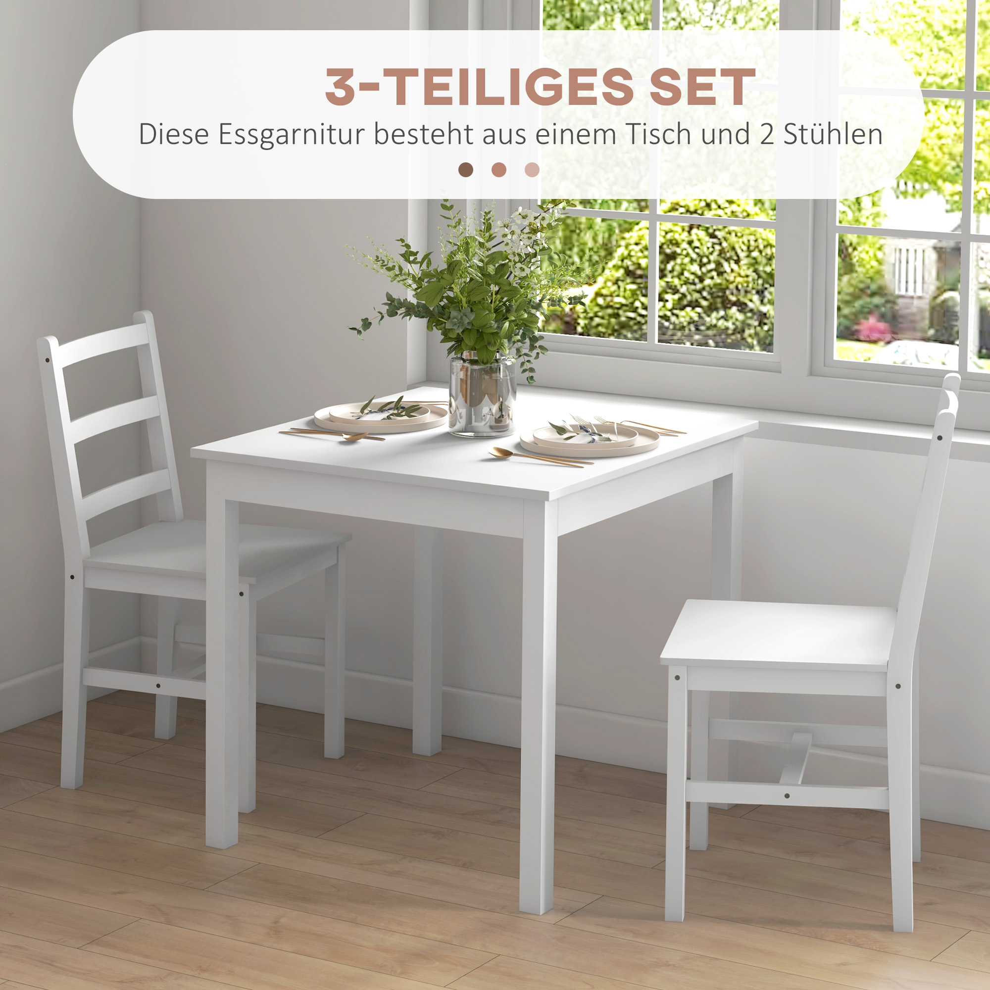 3-teilige Essgruppe Sitzgruppe Tisch mit Stühlen, Massivholz, Weiß