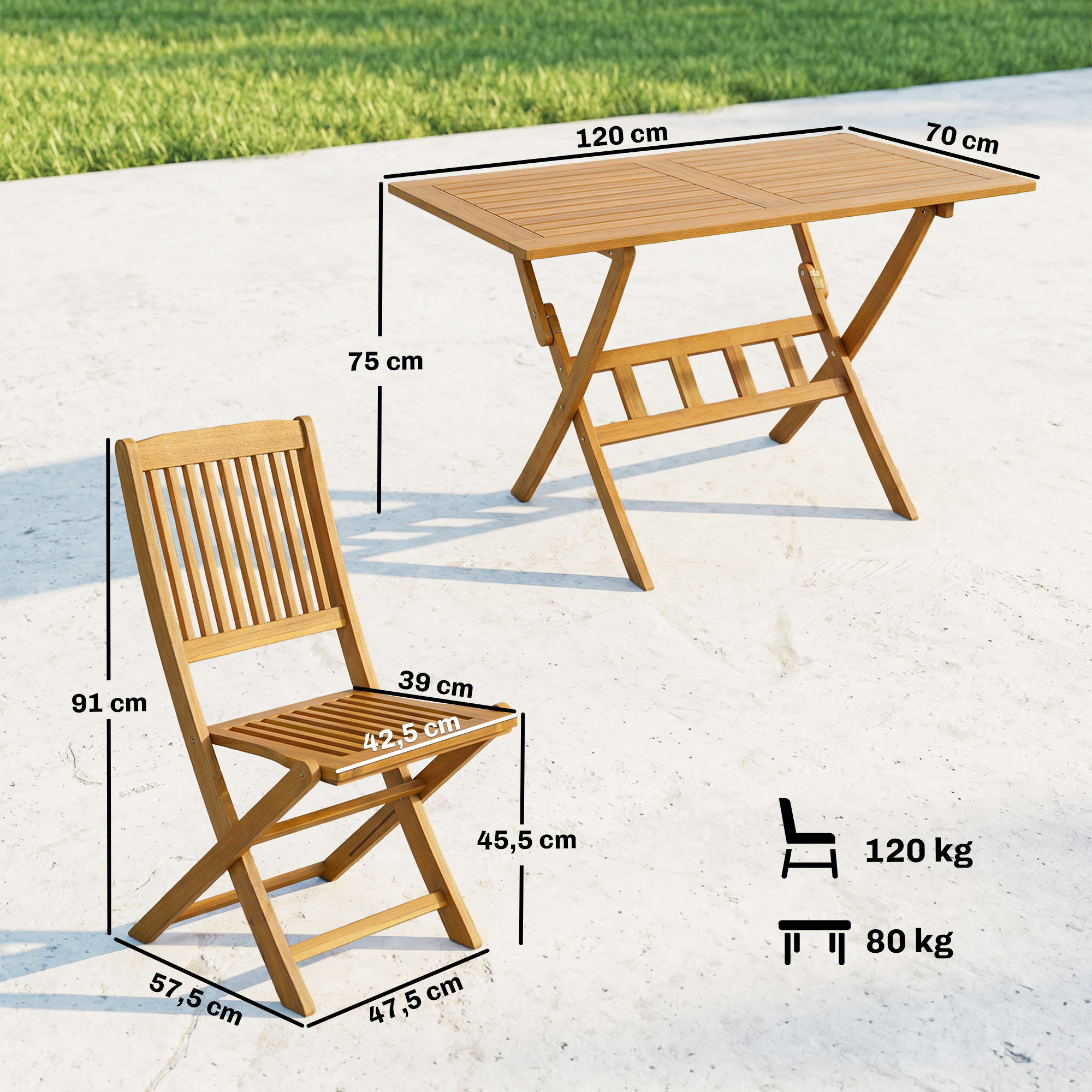 Gartenmöbel Set FSC Holz Sitzgruppe 5-teilig Klappbar Tisch mit 4 Klappstühlen Lamellendesign