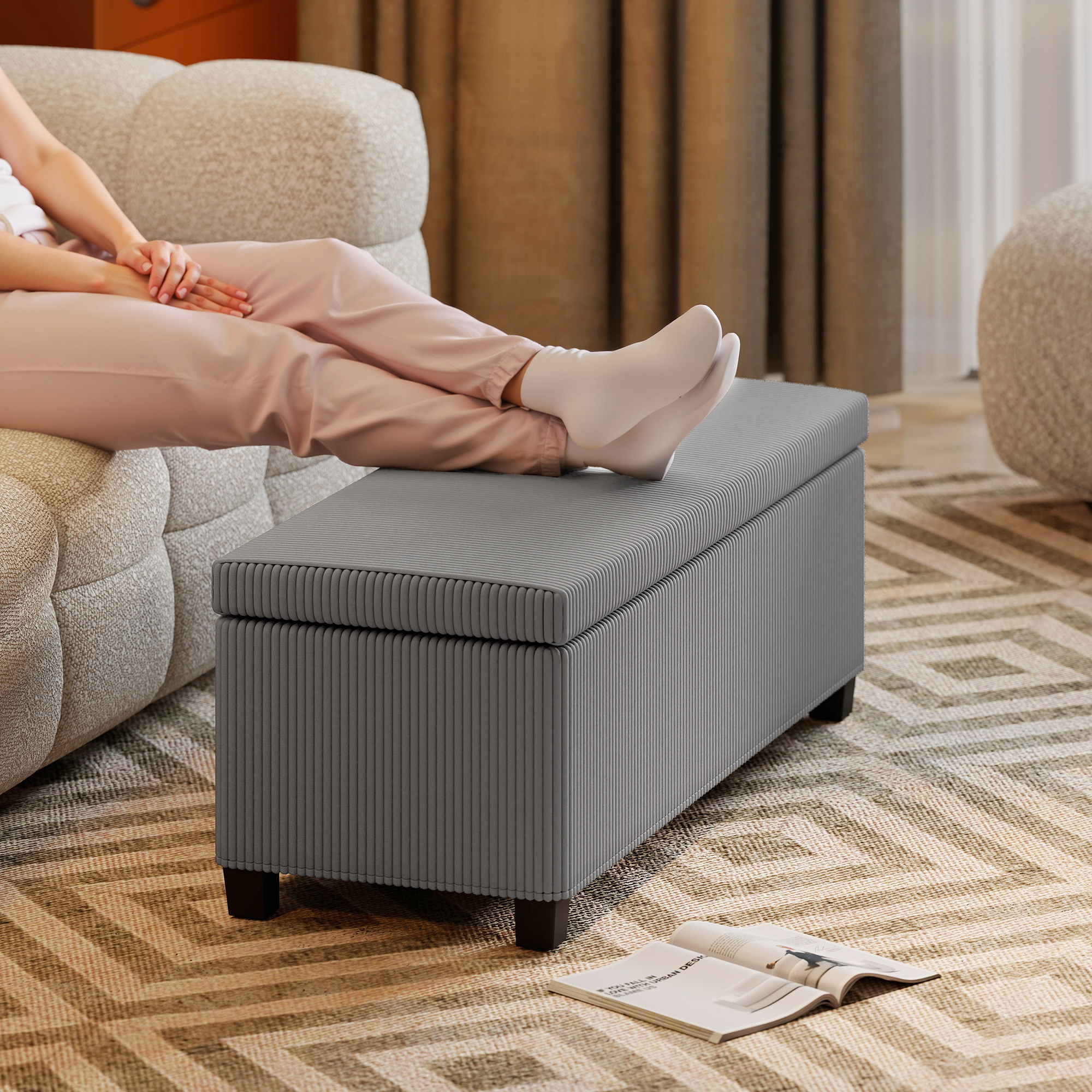 Sitzbank mit Stauraum, Polsterbank für Aufbewahrung, für Wohnzimmer, Schlafzimmer, Flur, Cordbezug, Grau