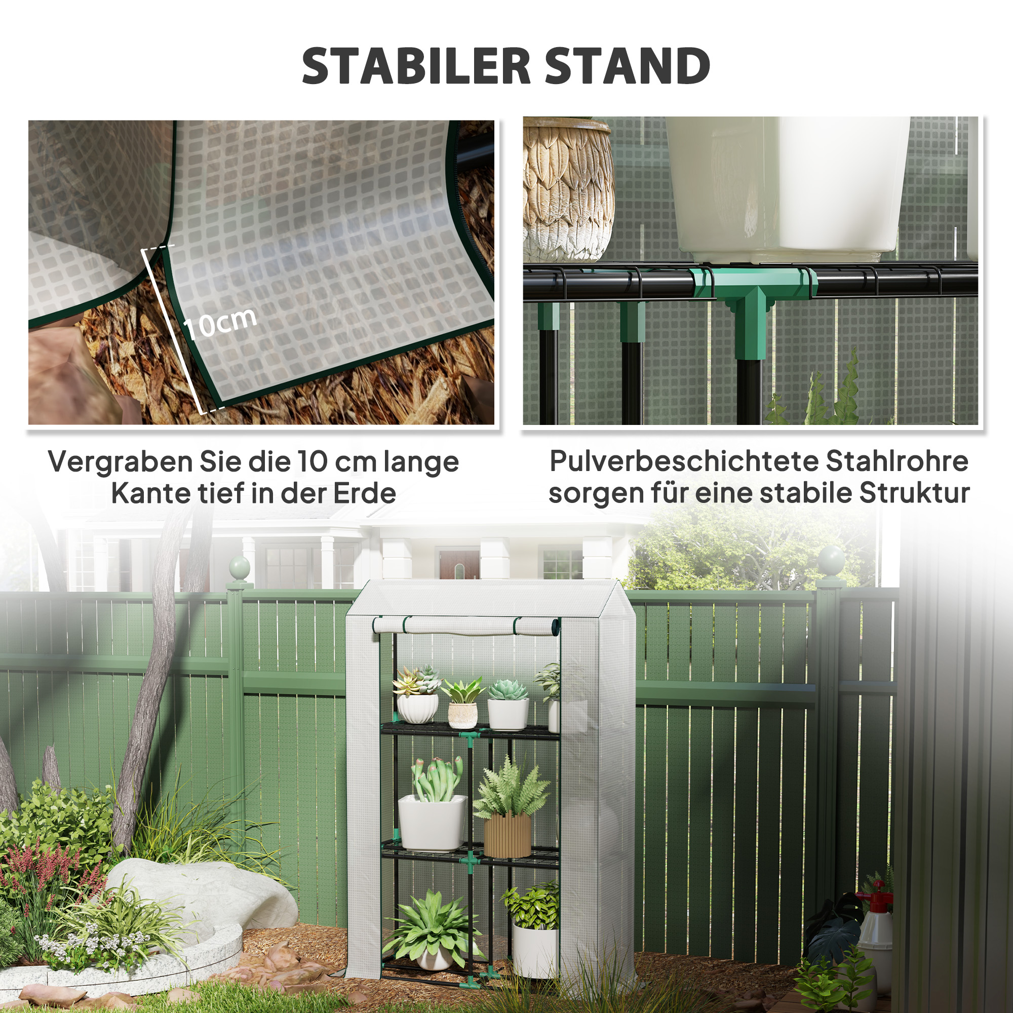 Gewächshaus mit 3-Stufen-Regal, UV-beständige Kunststoffabdeckung, Rolltür, 100 x 40 x 150 cm, Weiß