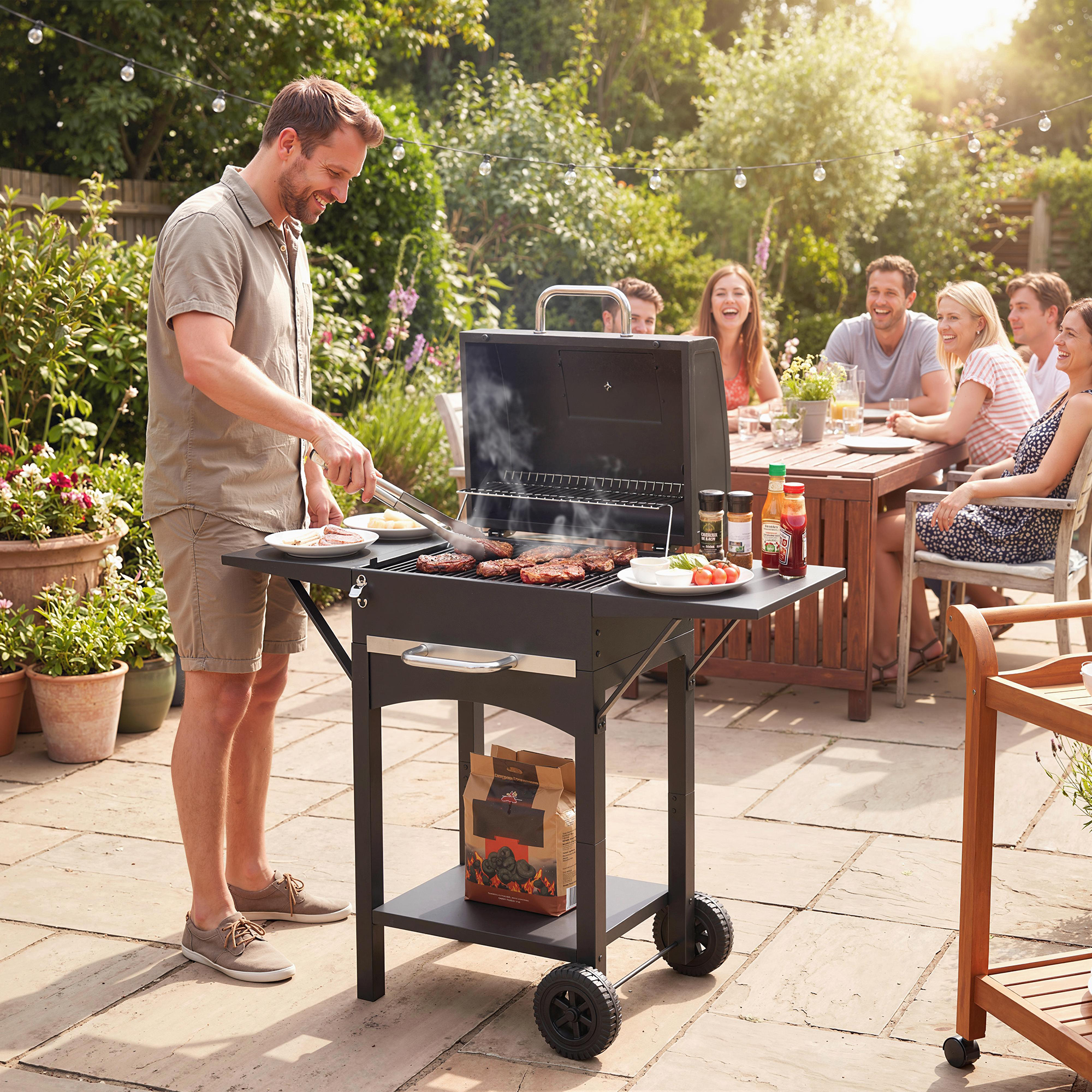 Holzkohlegrill mit Deckel, BBQ Smoker Grill mit 2 Seitentischen Große Grillfläche Grillrost Thermometer Räder
