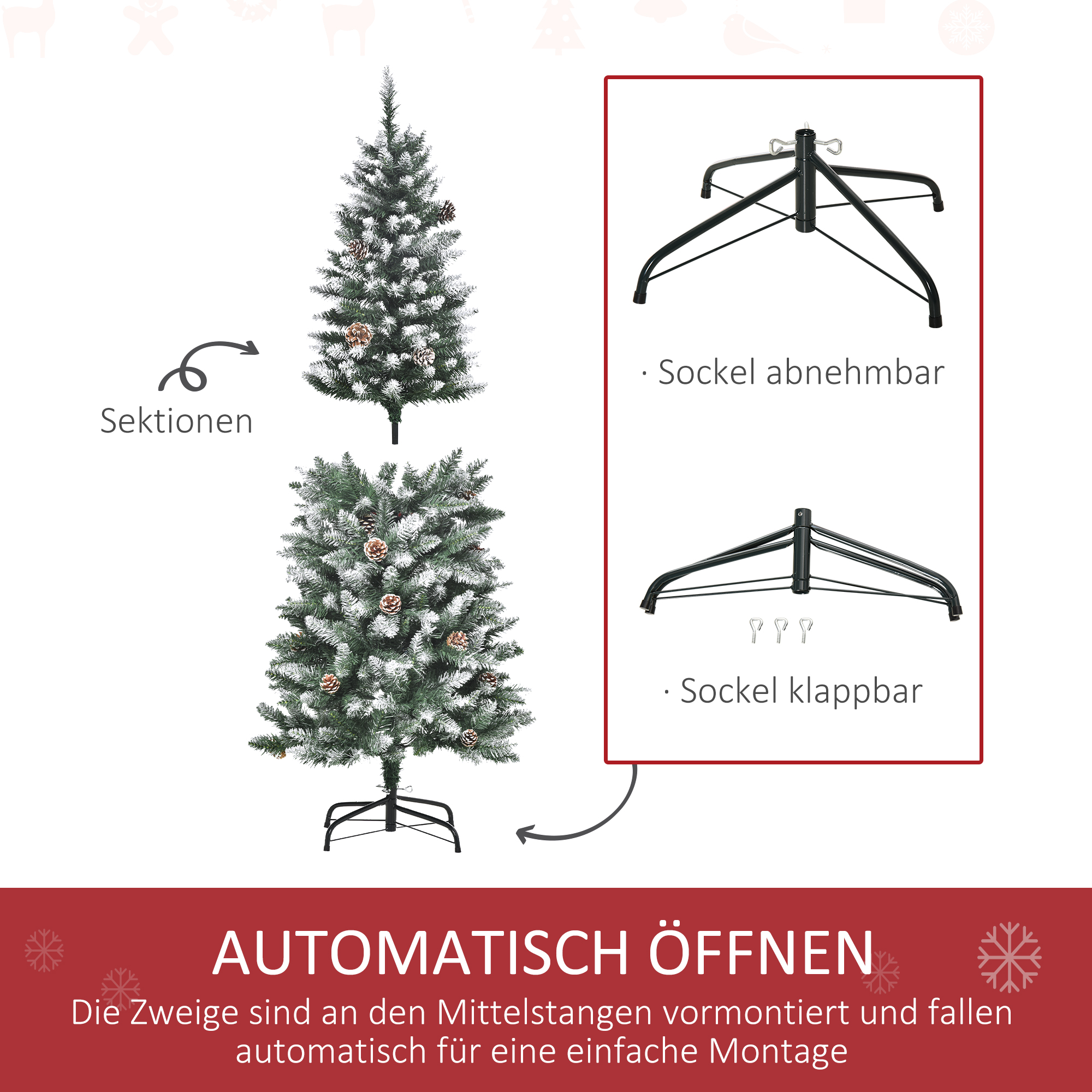 Weihnachtsbaum, 630 Zweige, 37 Zapfen, verschneite Spitzen, feuerfest, 150 cm