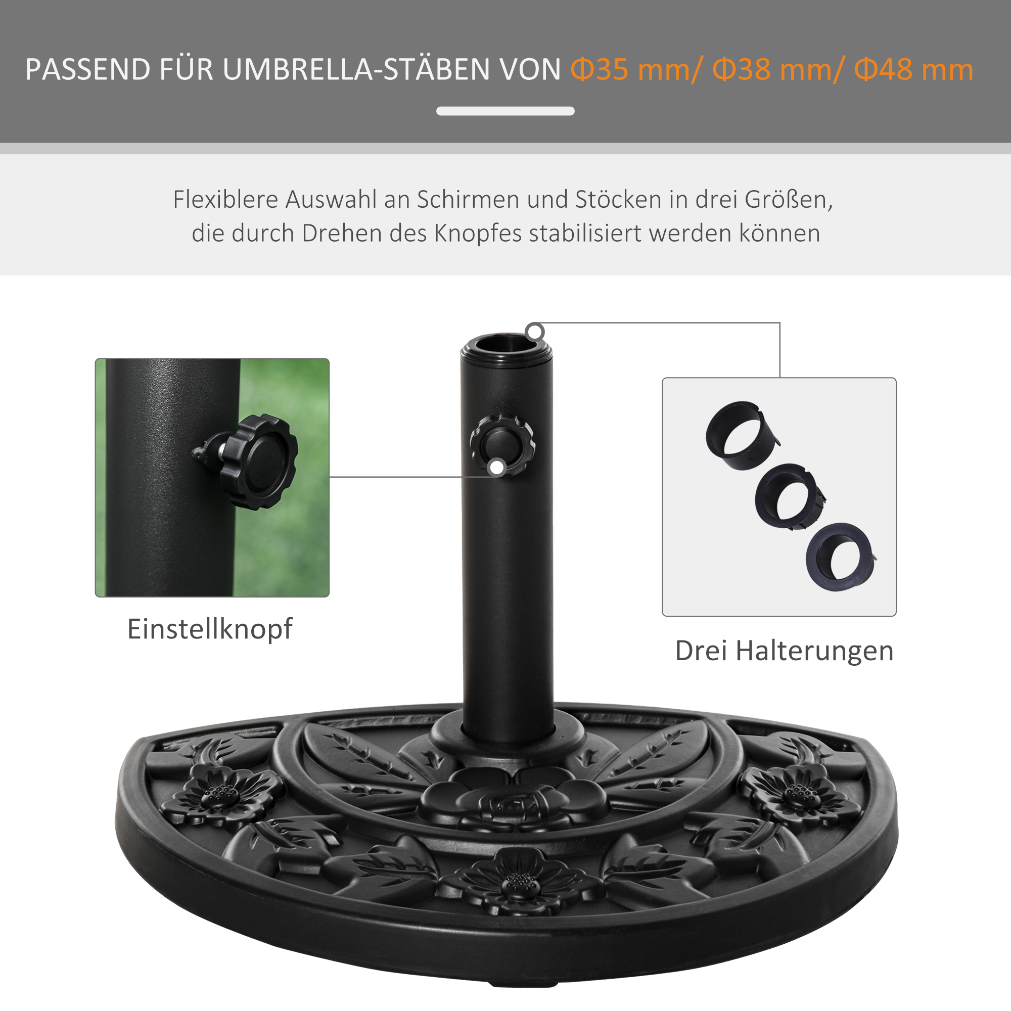Sonnenschirmständer, halbrund, 9 kg, Blumendesign, HDPE/Zement, für Schirmmasten Ø35/38/48 mm